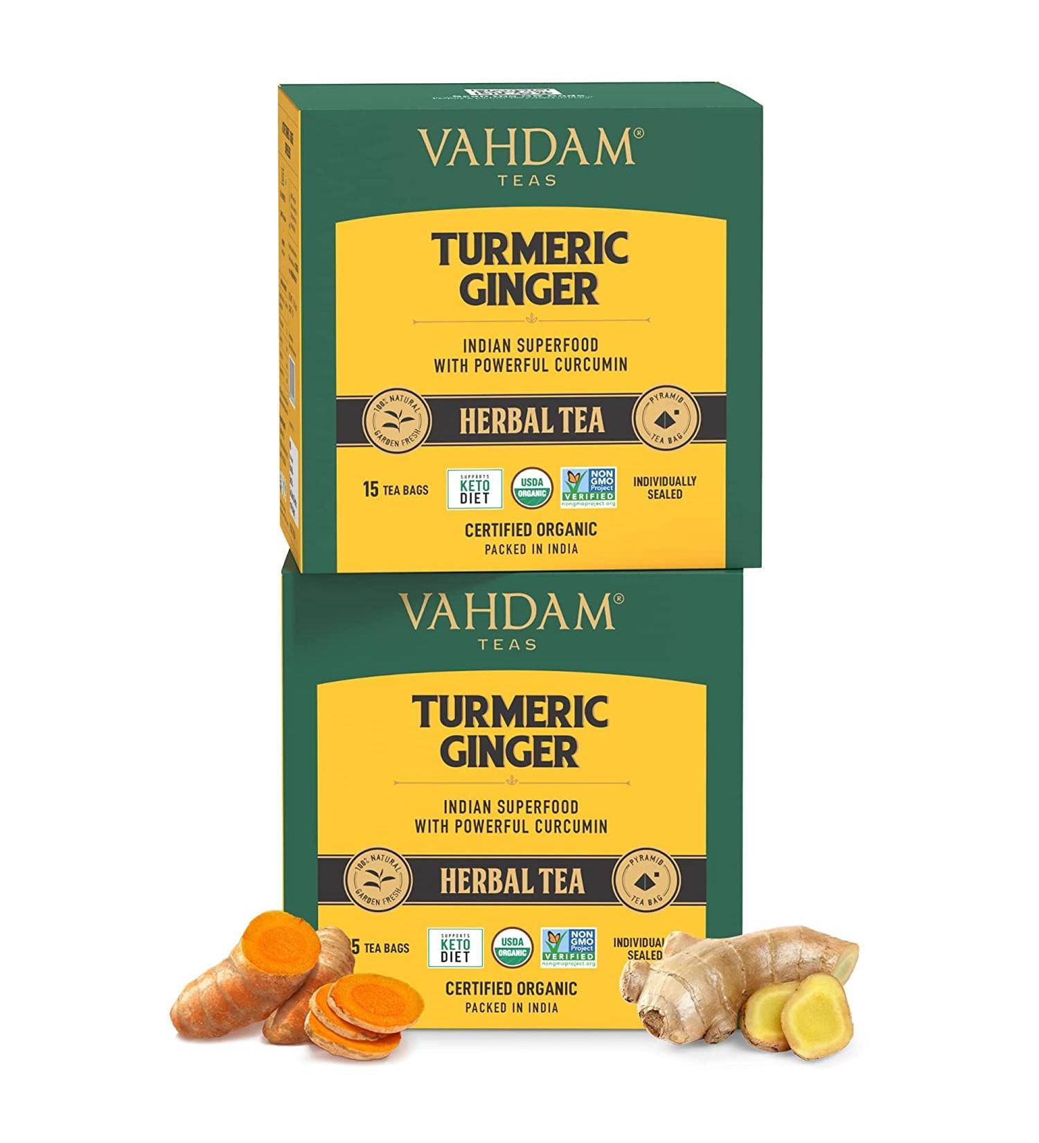 Vahdam Herbal Tea - Caffeine-Free Turmeric Ginger Infusion Bags (15 Bags, 1.06 oz) - Buy Online on SooperMarket.com