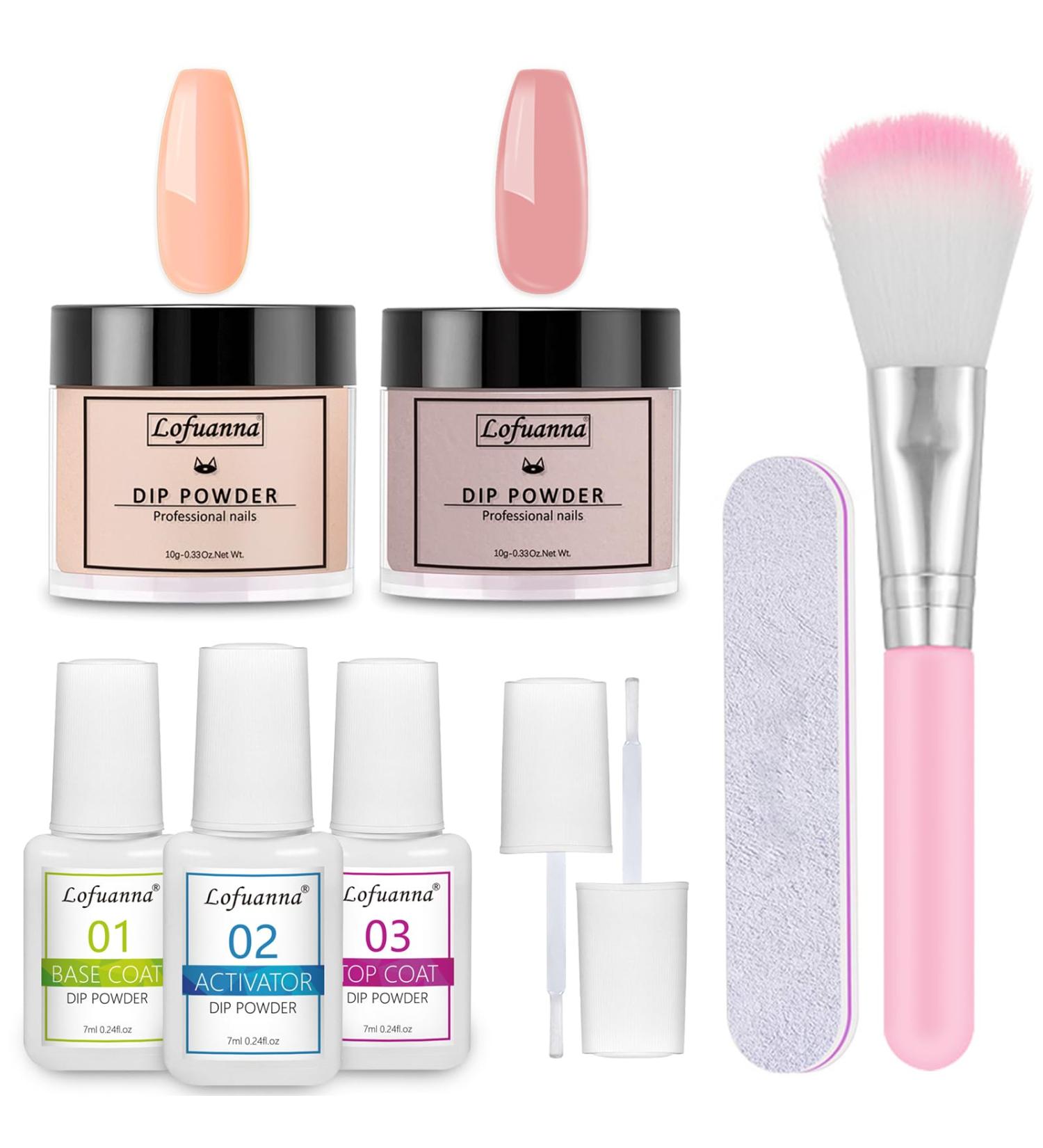 Lofuanna Dip Powder Nail Starter Kit - Nude Set | 2 Colors, Base Top Coat Activator | No UV/LED Needed | 9Pcs Dip Powder Set | DIY French Nail Art Manicure for Beginners - Buy Online on SooperMarket.com