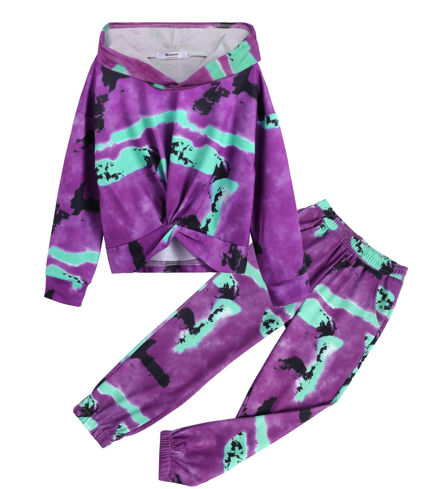 Hopeac Girls 2-Piece Tie Dye Set | Twist Front Top & Sweatpants | Purple, Green, Black | 5-6 Years - Buy Online on SooperMarket.com