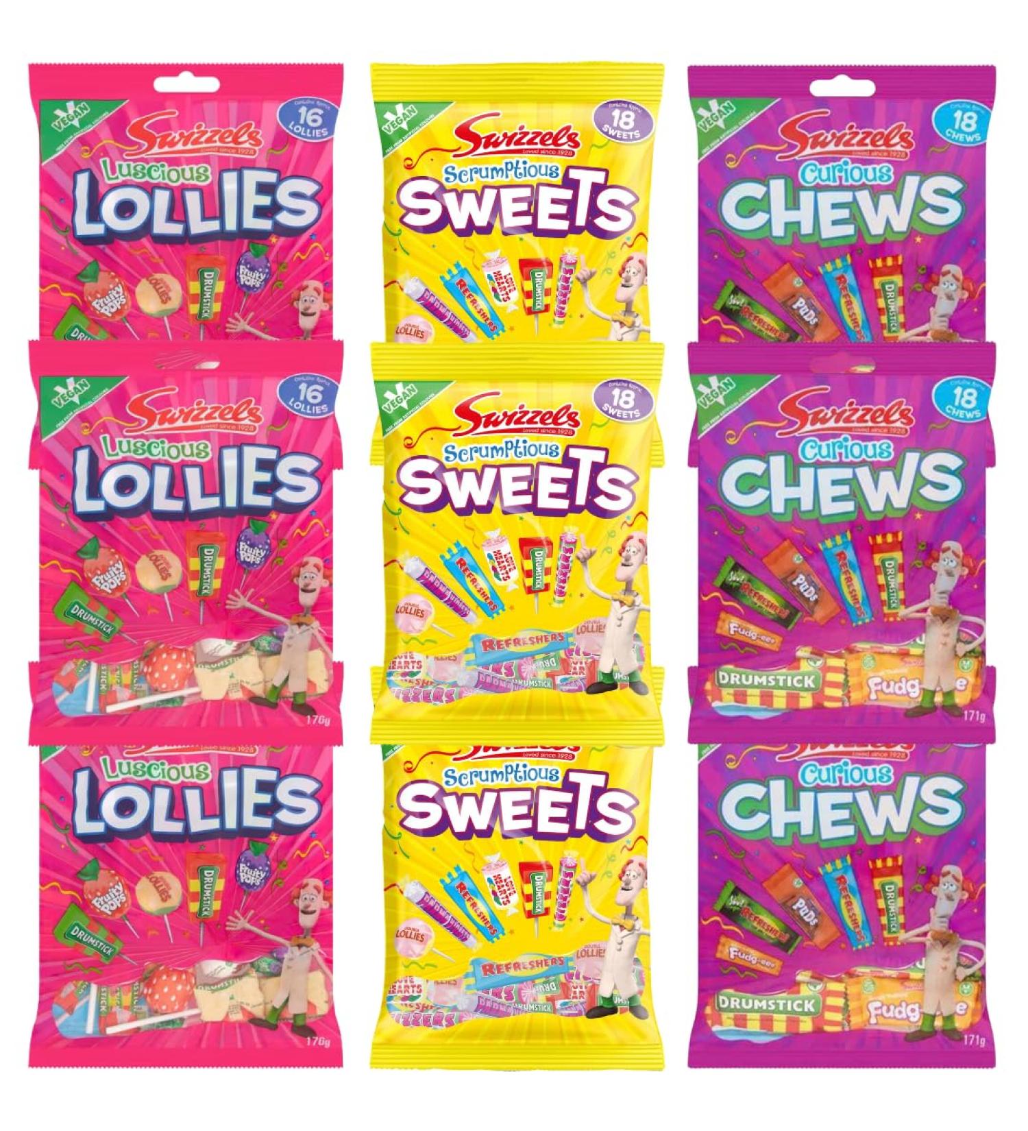 Sweet Bundle With Swizzels Scrumptious Sweets 173g x3 Swizzels Luscious Lollies 176g x3 and Swizzels Curious Chews 171g x3 (9 Pack) - Buy Online on SooperMarket.com