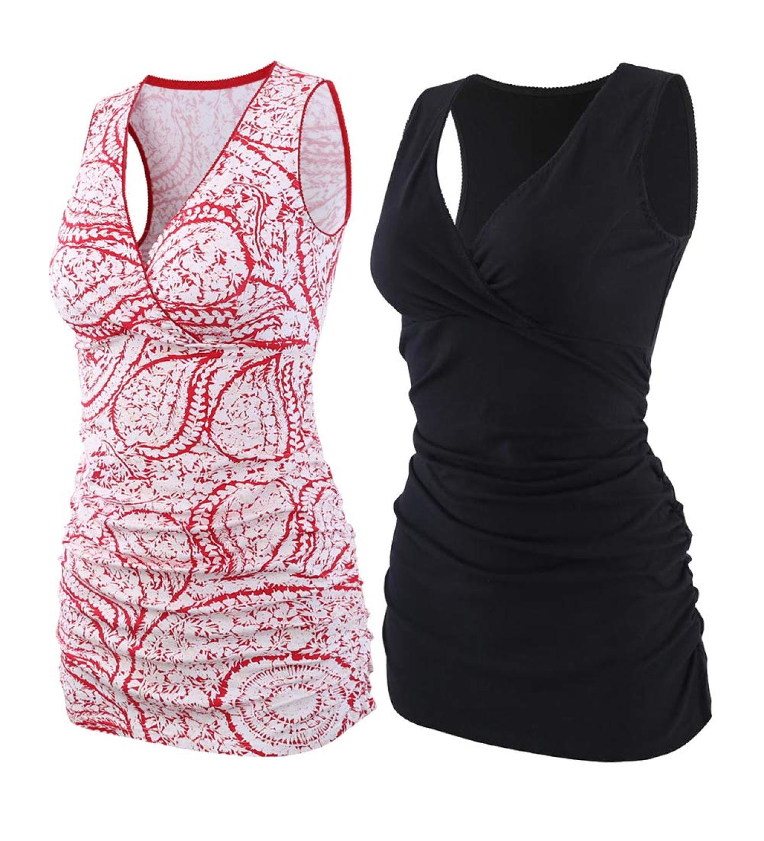ZUMIY Maternity Nursing Top | Cotton V-Neck Shirt for Breastfeeding | Double Layered Tank | S Black+Red Printing | 2-Pack - Buy Online on SooperMarket.com