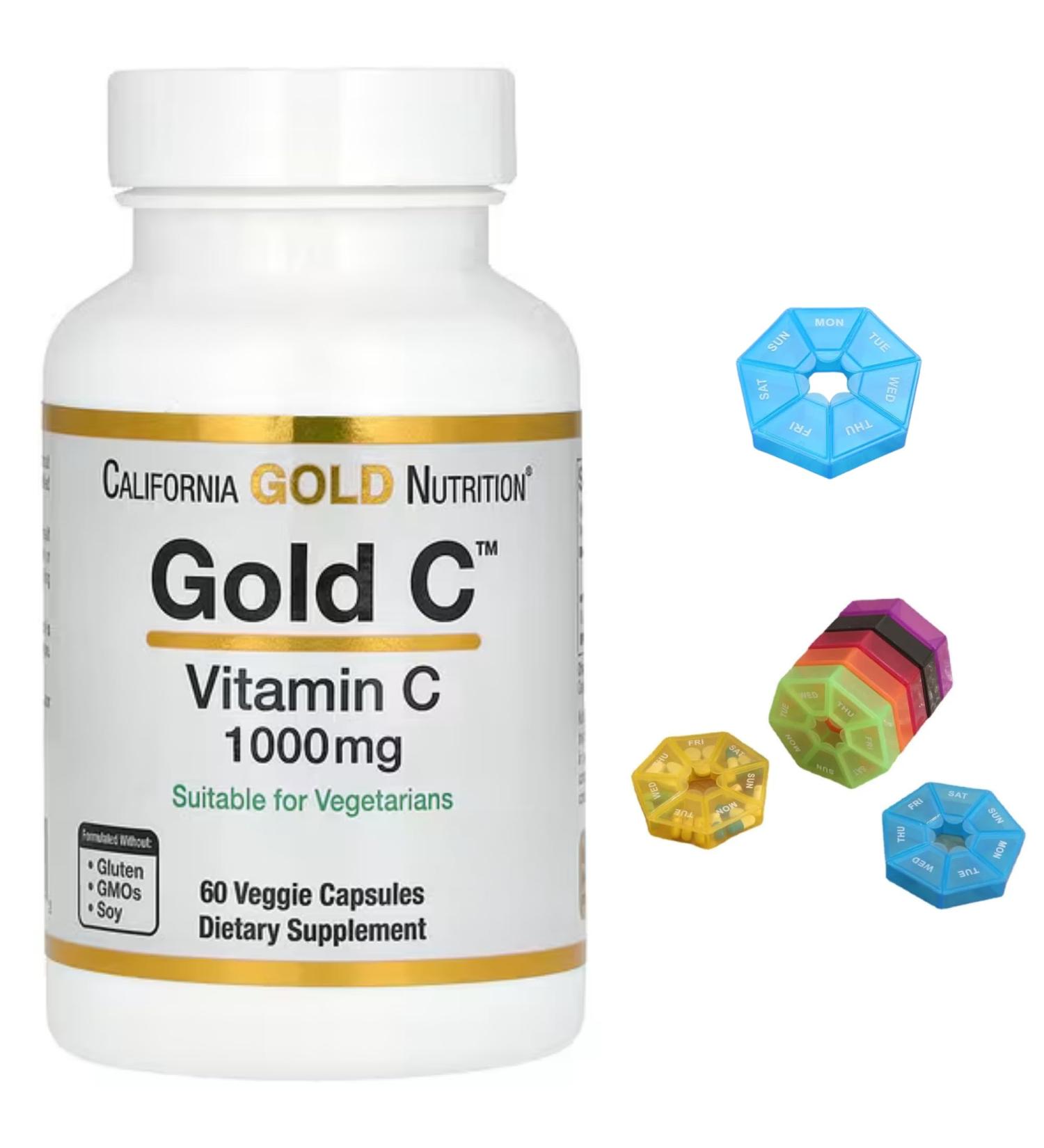 Gold C USP Grade Vitamin C Compatible With California Gold Nutrition 1 000 mg 60 Capsules + Bonus Pill Organizer Weekly Pill Organizer Mini - Buy Online on SooperMarket.com