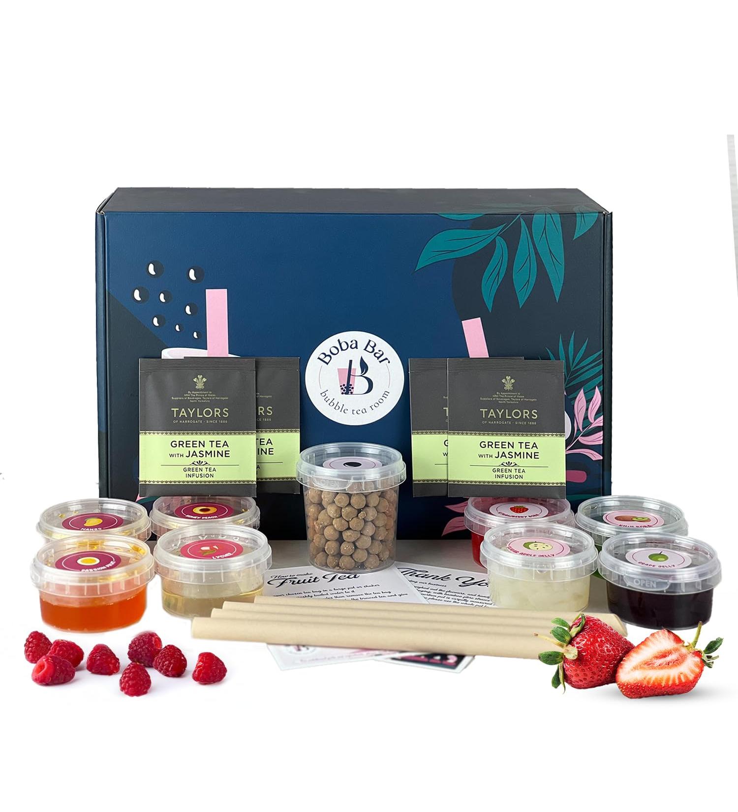 Boba Bar London |Exotic Escapades Fruit Bubble Tea Kit | 4 Fruit Tea Flavours | 4 Boba & Jelly Toppings | Tapioca Pearls | 4 Bamboo Straws | 4 Tea Bags | 2 Recipe Cards Boba Bar London |Exotic Escapades Fruit Bubble Tea Kit | 4 Fruit Tea Flavours | 4 Boba - Buy Online on SooperMarket.com