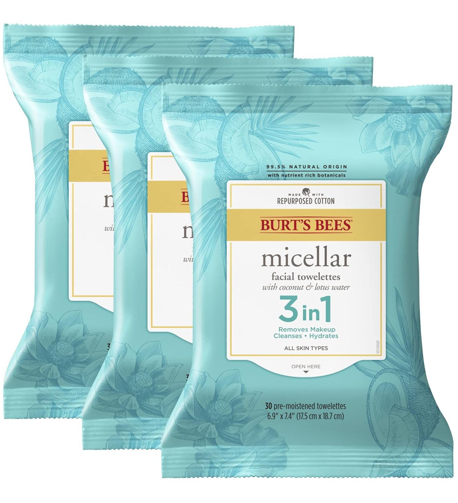 Burt's Bees Facial Cleansing Makeup Remover Towelettes 90 ct - 3 in 1 Hydrating Micellar Cleanser - Coconut & Lotus Water - Buy Online on SooperMarket.com