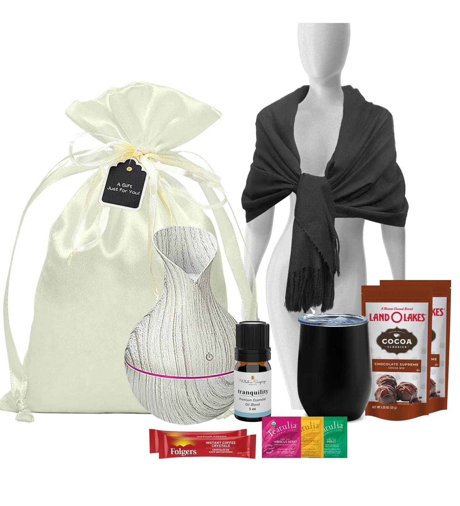 Organic Tea, Hot Cocoa, Classic Roast Coffee Gift Basket for Women with Essential Oil Diffuser, Pashmina Shawl Wrap - Birthday Gift Set - Buy Online on SooperMarket.com