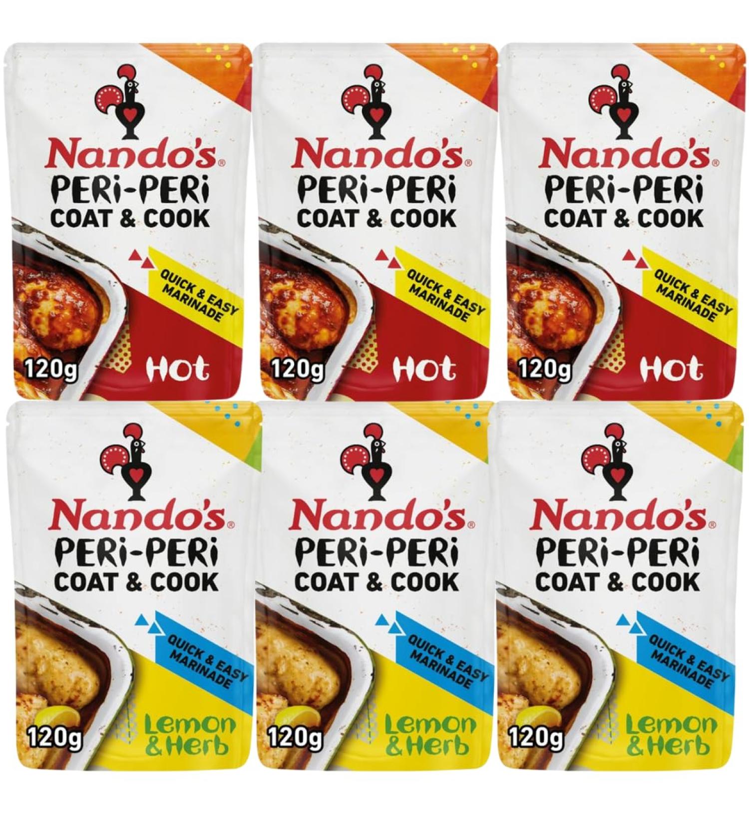 Hot Peri Peri Marinade 120g x3 with Lemon & Herb Peri Peri Marinade 120g x3 - Bundle Consisting of Nando's Coat 'n Cook Sauces x6 Pack - Buy Online on SooperMarket.com