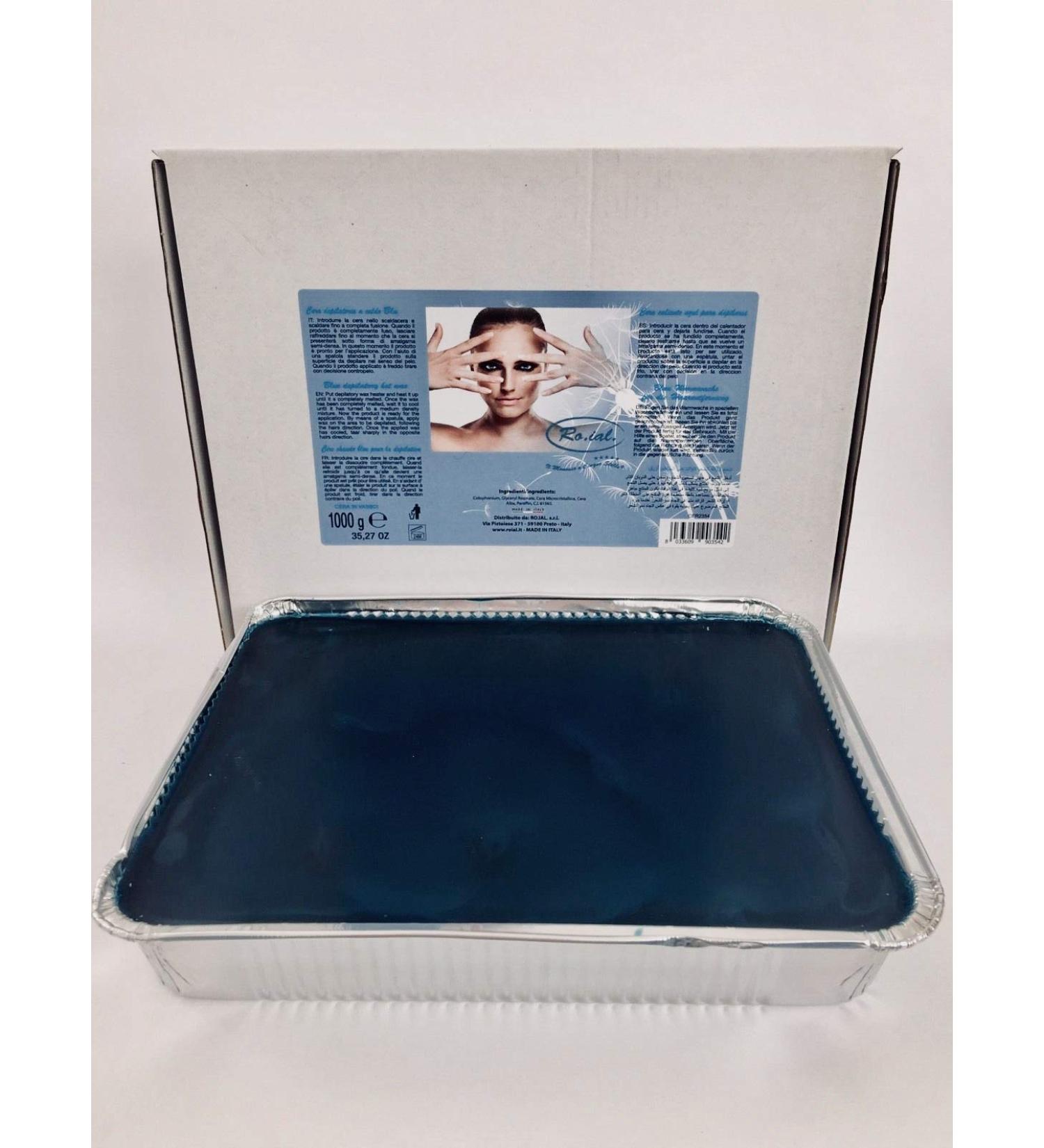 Ro.ial depilatory wax/warm wax in aluminum bowl for hair removal - 1 kg - blue - without fleece strips