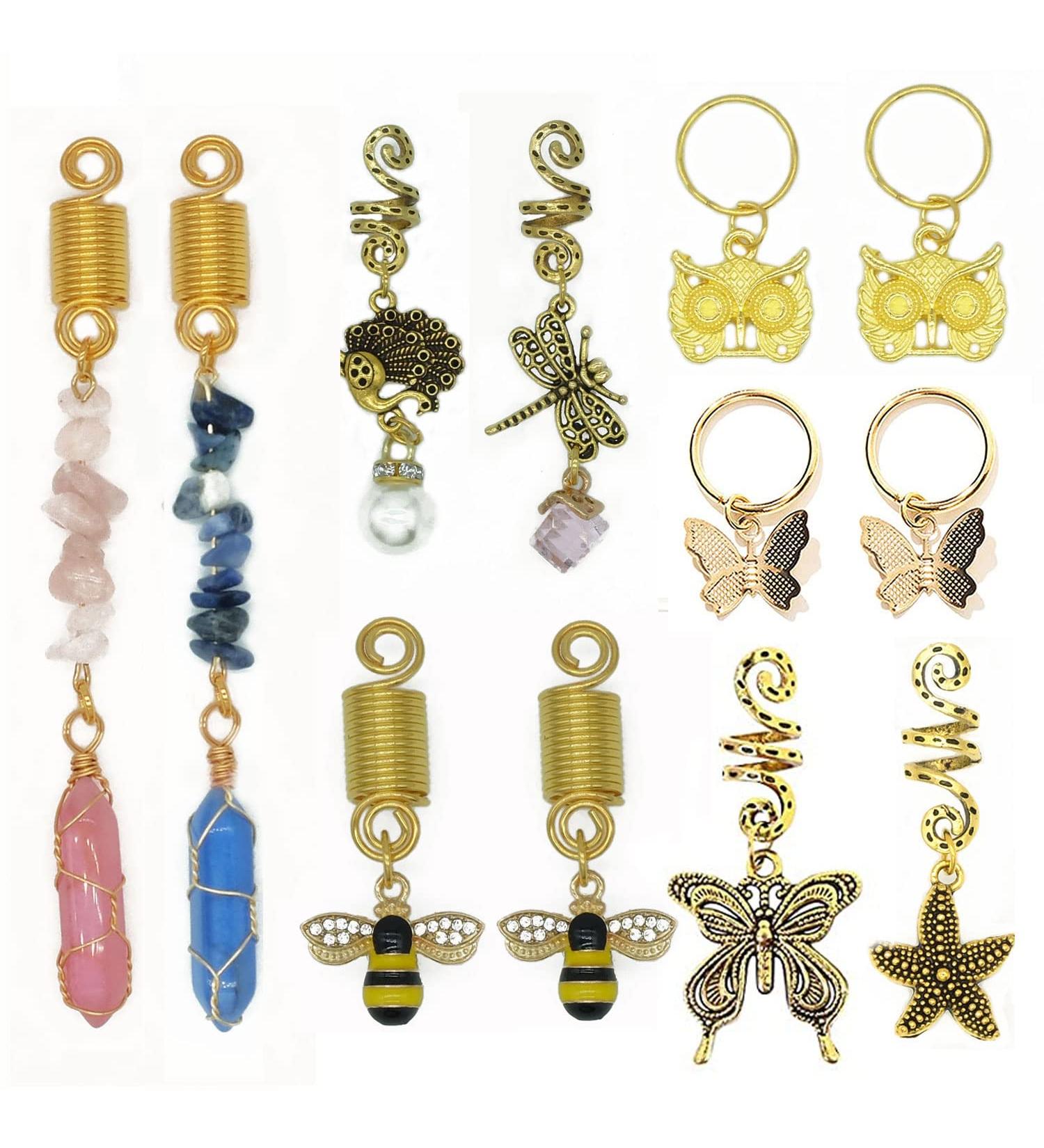 12 PCS Locs Hair Jewelry Braids Hair Clips - Adjustable Hair Cuffs with Vintage African Pendant Charms - Handmade Crystal & Metal Bee Owl Accessories - Buy Online on SooperMarket.com