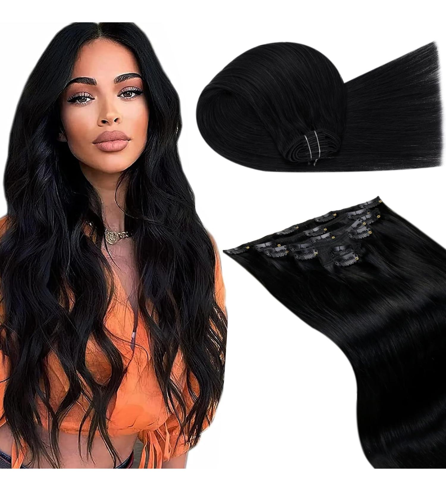 Laavoo 50cm Clip-In Hair Extensions - 105g Real Remy Human Hair #1 Black 7 Pcs for Full Volume - Buy Online on SooperMarket.com