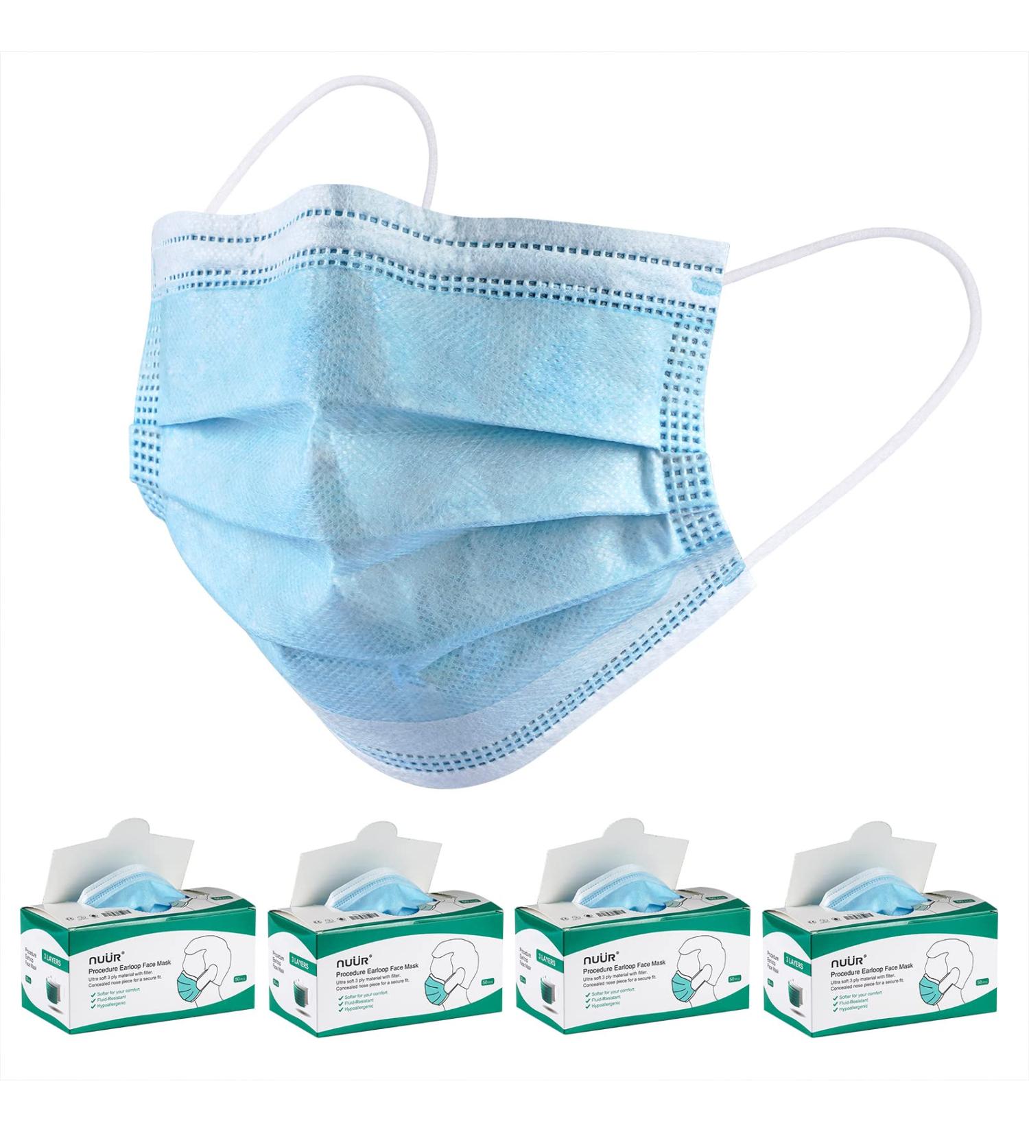 NU R Disposable Face Mask 3Ply Mask with Filter Layer and Elastic Earloop Retail 50pcs/box BLUE 200PCS - Buy Online on SooperMarket.com