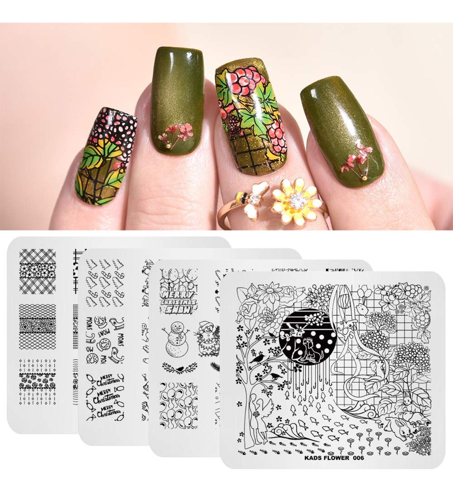 4PCS Nail Art Stamping Plates Set - Christmas Flower Grid Design Stencils with Polish Stamper | Multi-Pattern Nail Art Templates for DIY Manicure - Buy Online on SooperMarket.com
