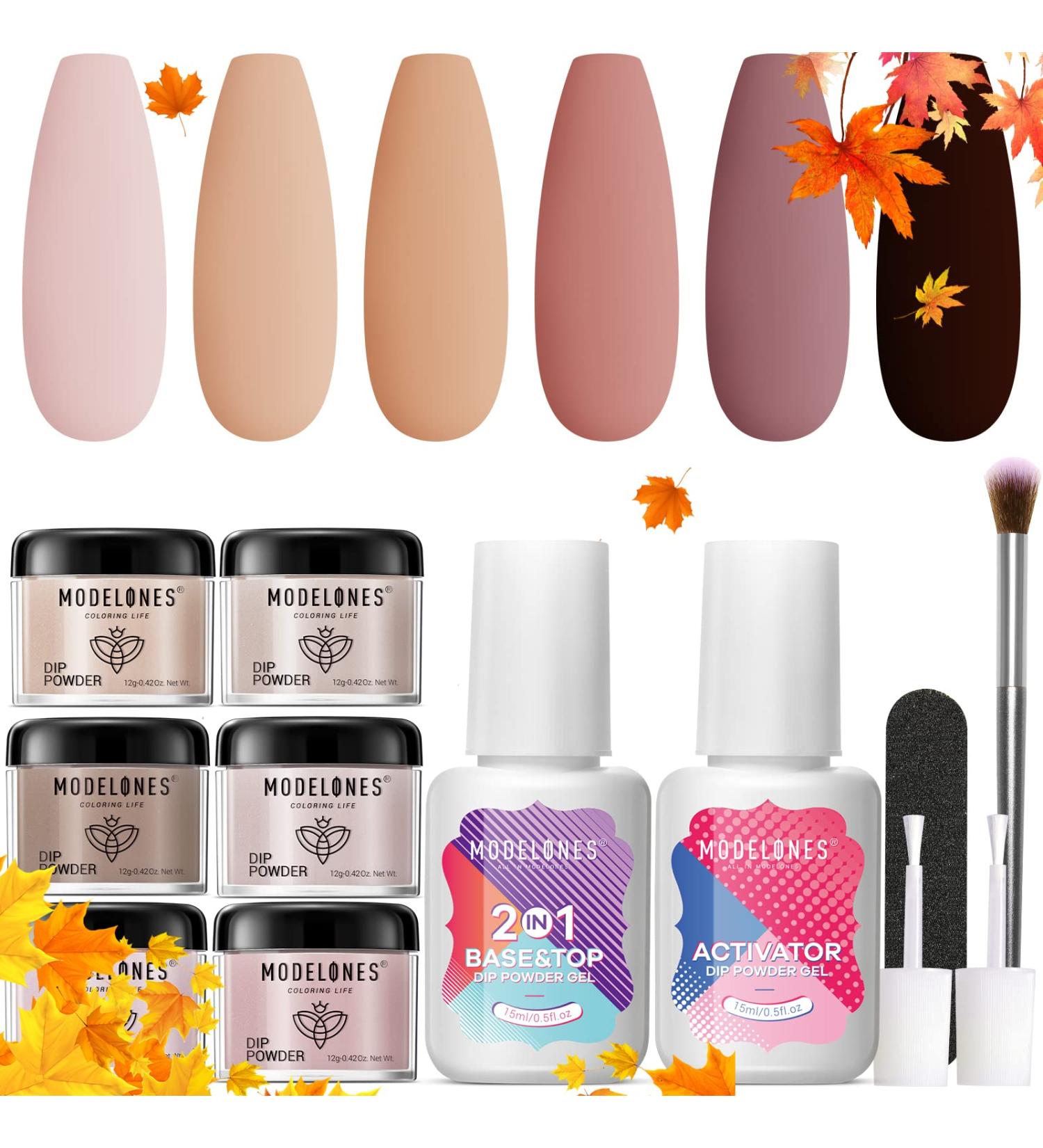Modelones 6 Colors Dip Powder Nail Kit Starter 12Pcs Fall Winter Nude Brown Neutral Skin Tone - Acrylic Dipping Powder System with Base & Top Coat, Activator - French Nail Art, DIY Manicure Kit - Buy Online on SooperMarket.com