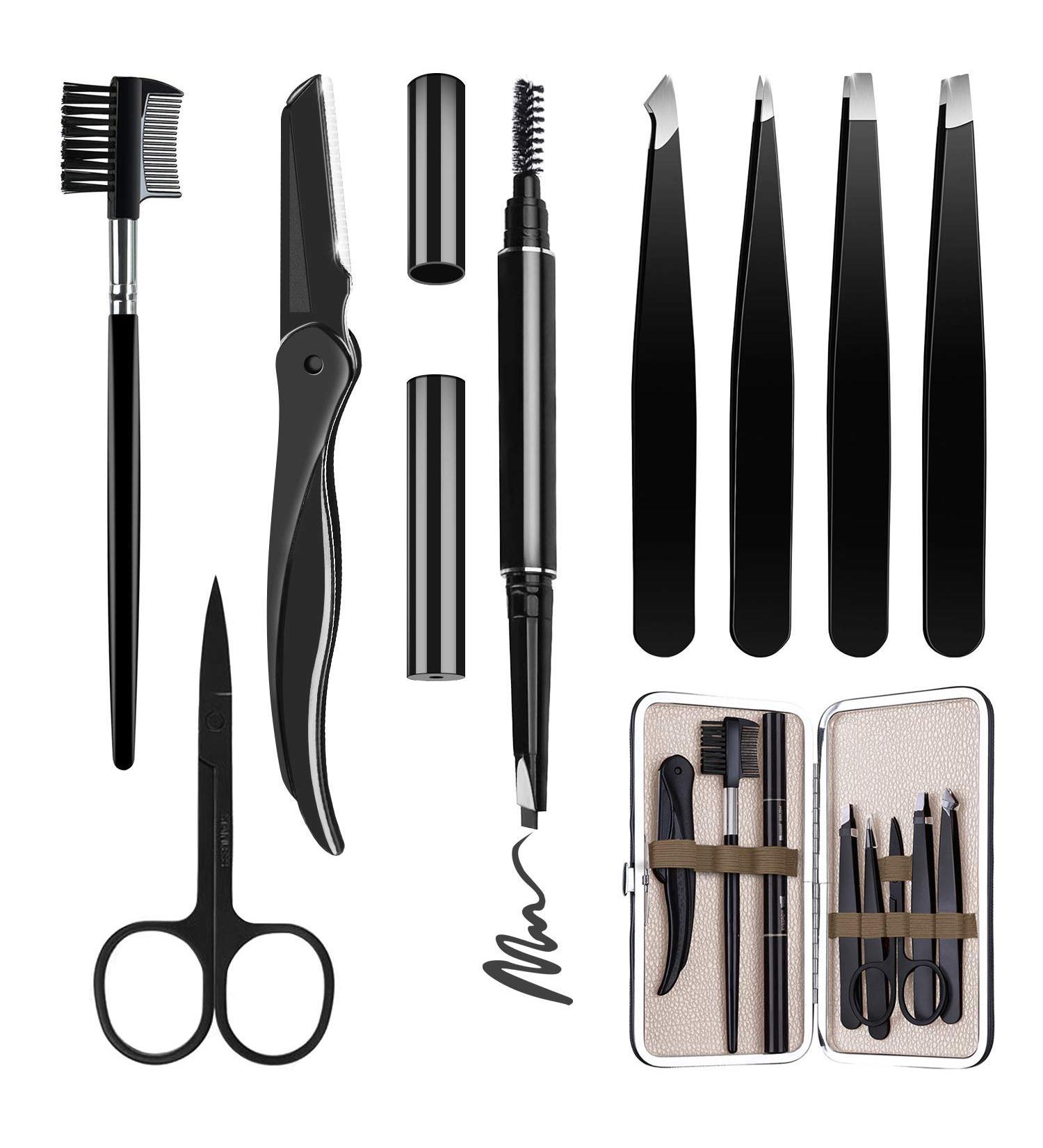 HOCOSY 8-in-1 Professional Eyebrow Grooming Kit with Tweezers, Razor, Scissors, and Travel Case - Buy Online on SooperMarket.com