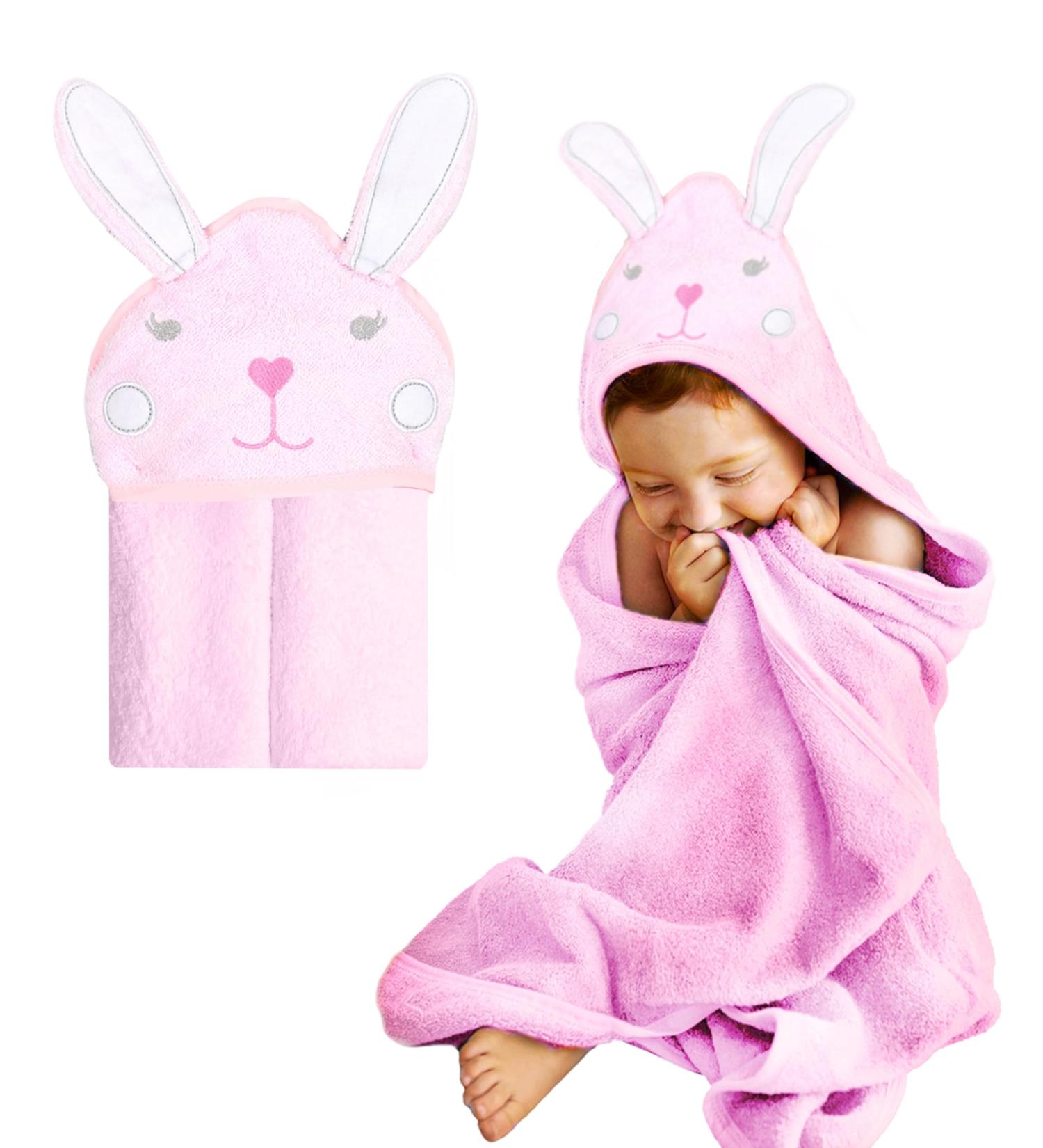 Mother's Choice 100% Cotton Baby Towel with Hood - Ultra Soft and Absorbent (75x75cm) - Bunny Hooded Baby Towel in Pink Rabbit Design - Buy Online on SooperMarket.com