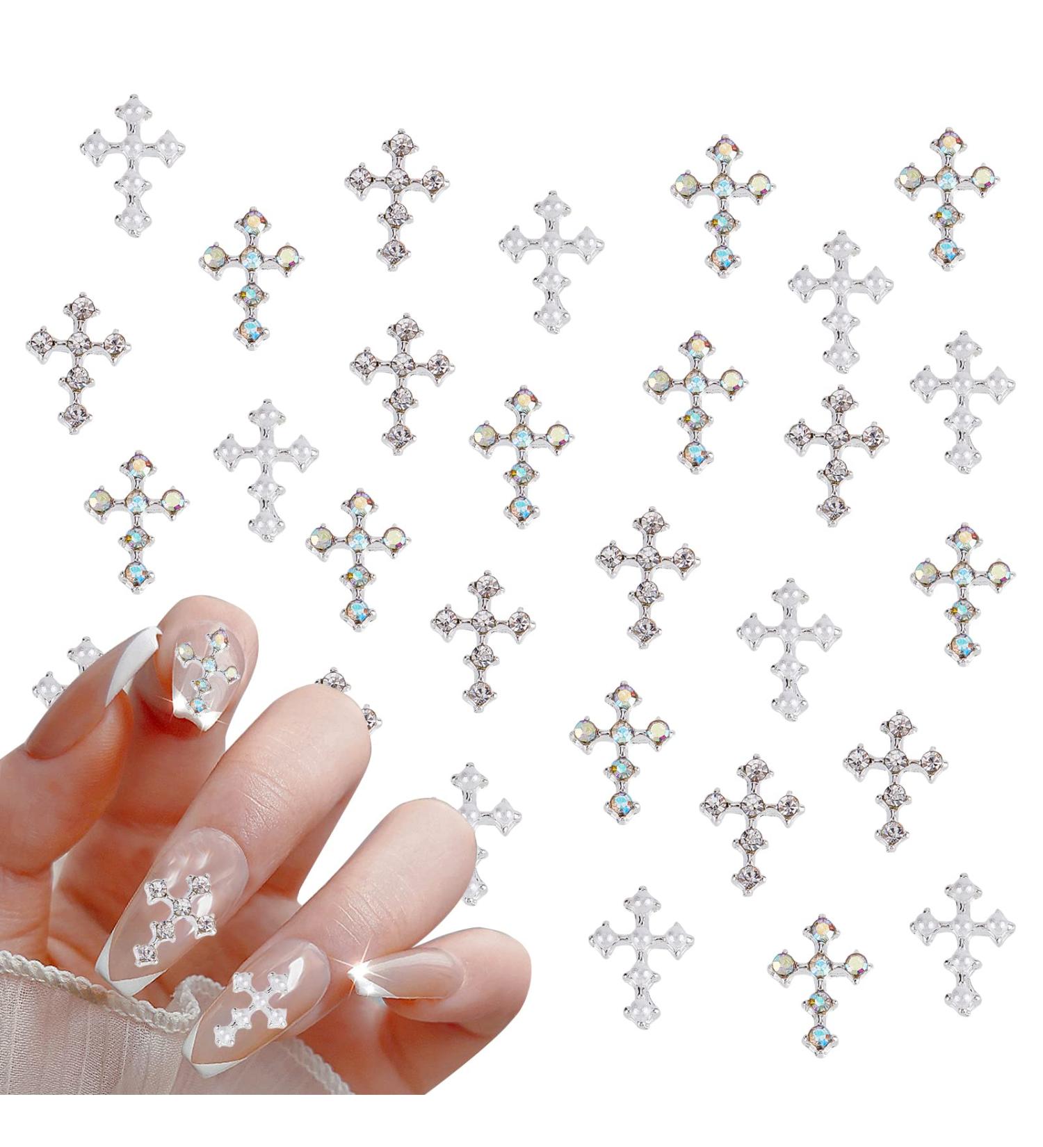 30Pcs Silver Pearl Cross Nail Charms - Antique Style Rhinestones for Women's DIY Nail Art - Buy Online on SooperMarket.com