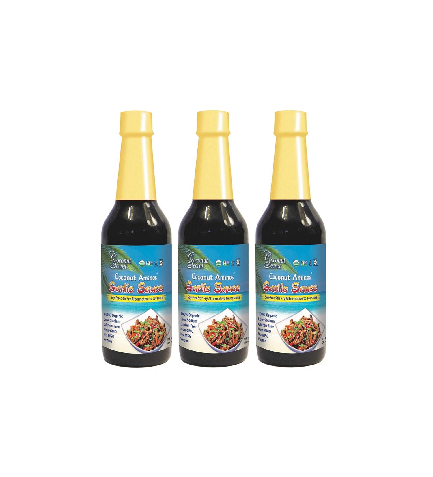 Coconut Secret Coconut Aminos Garlic Sauce (3 Pack) - 10 fl oz - Low Sodium Soy-Free Seasoning Sauce, Low-Glycemic - Organic, Vegan, Non-GMO, Gluten-Free - 180 Total Servings