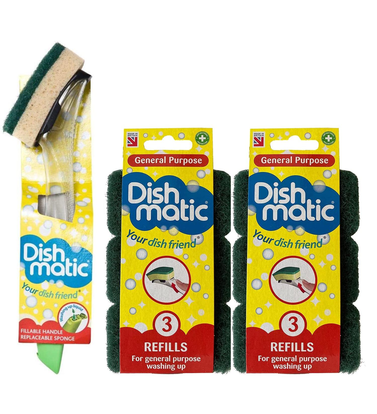 Dishmatic Fillable Washing up Brush and Sponge with Bonus Refill - Easy Grip Dish Cleaner and 6X General Purpose Refills - Buy Online on SooperMarket.com