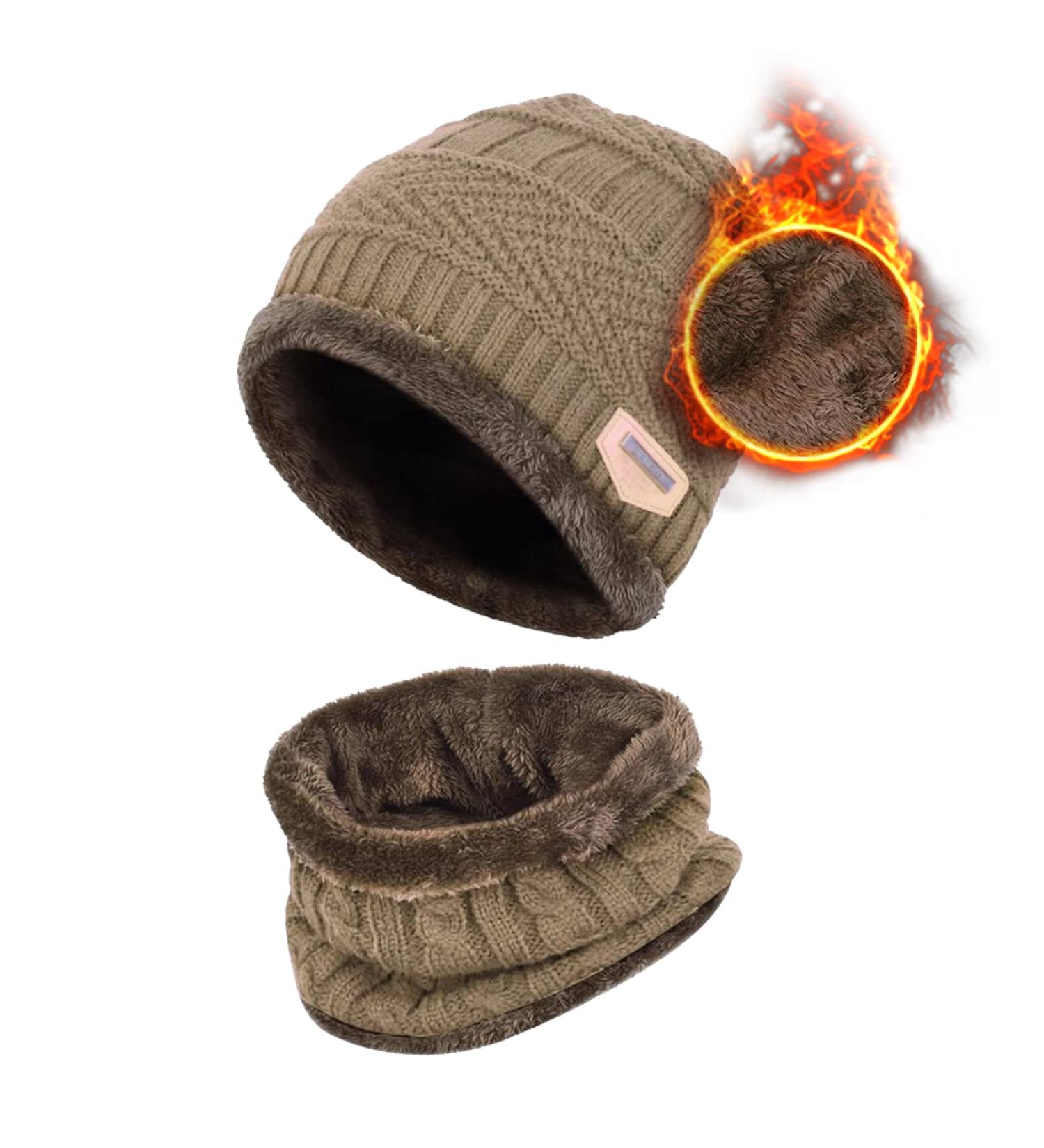 Aisprts Kids Winter Beanie Hat and Scarf Set - Knitted Thermal Fleece Lining - Khaki - Buy Online on SooperMarket.com