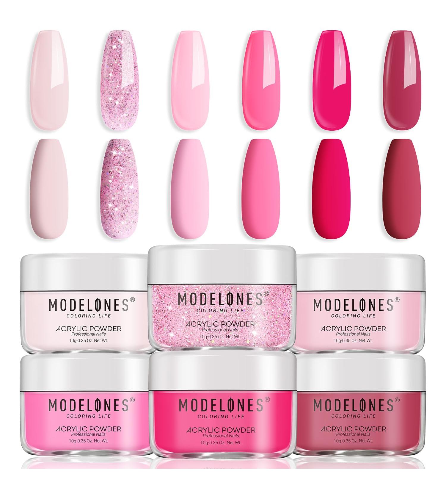Modelones Acrylic Powder - 6 Pink Glitter Shades for Nail Art | Neon & Soft Tones - Perfect for Valentine's 3D & French Nail Extensions - Buy Online on SooperMarket.com
