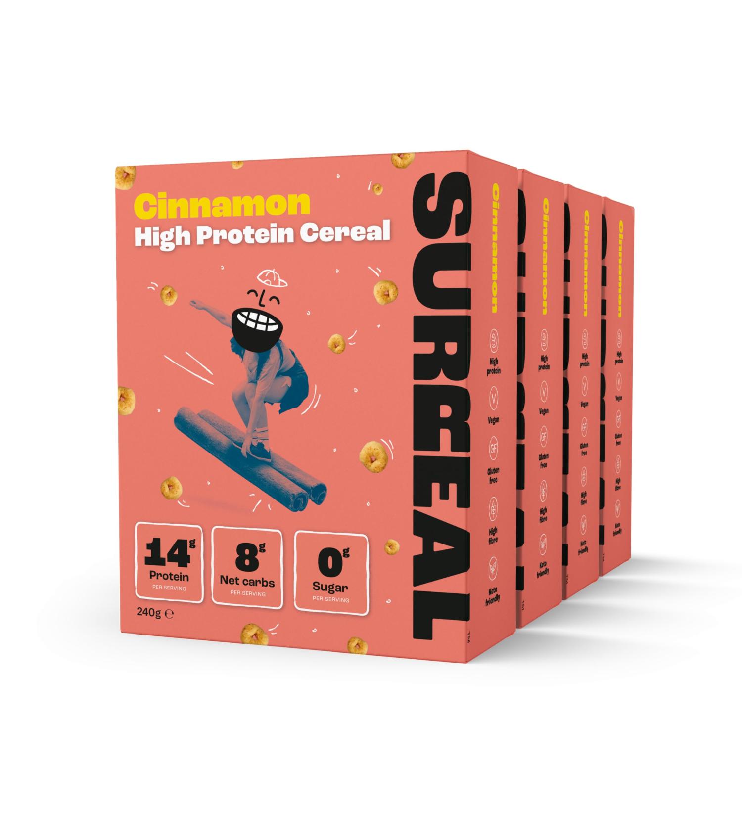 Surreal Cinnamon - High Protein Cereal - Low Sugar- Healthy Plant Based Cereal - High in Fibre- Low Carb - Gluten Free - Vegan - 12g of Protein 0g of Sugar - 240g per Box - 4 Pack (4 x Cinnamon) - Buy Online on SooperMarket.com