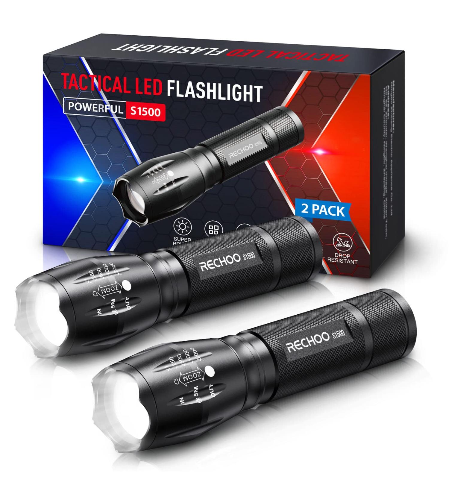 RECHOO Tactical Flashlights 2 Pack - Bright Zoomable LED Flashlights with High Lumens and 5 Modes for Emergency, Camping, Outdoor Use - Buy Online on SooperMarket.com
