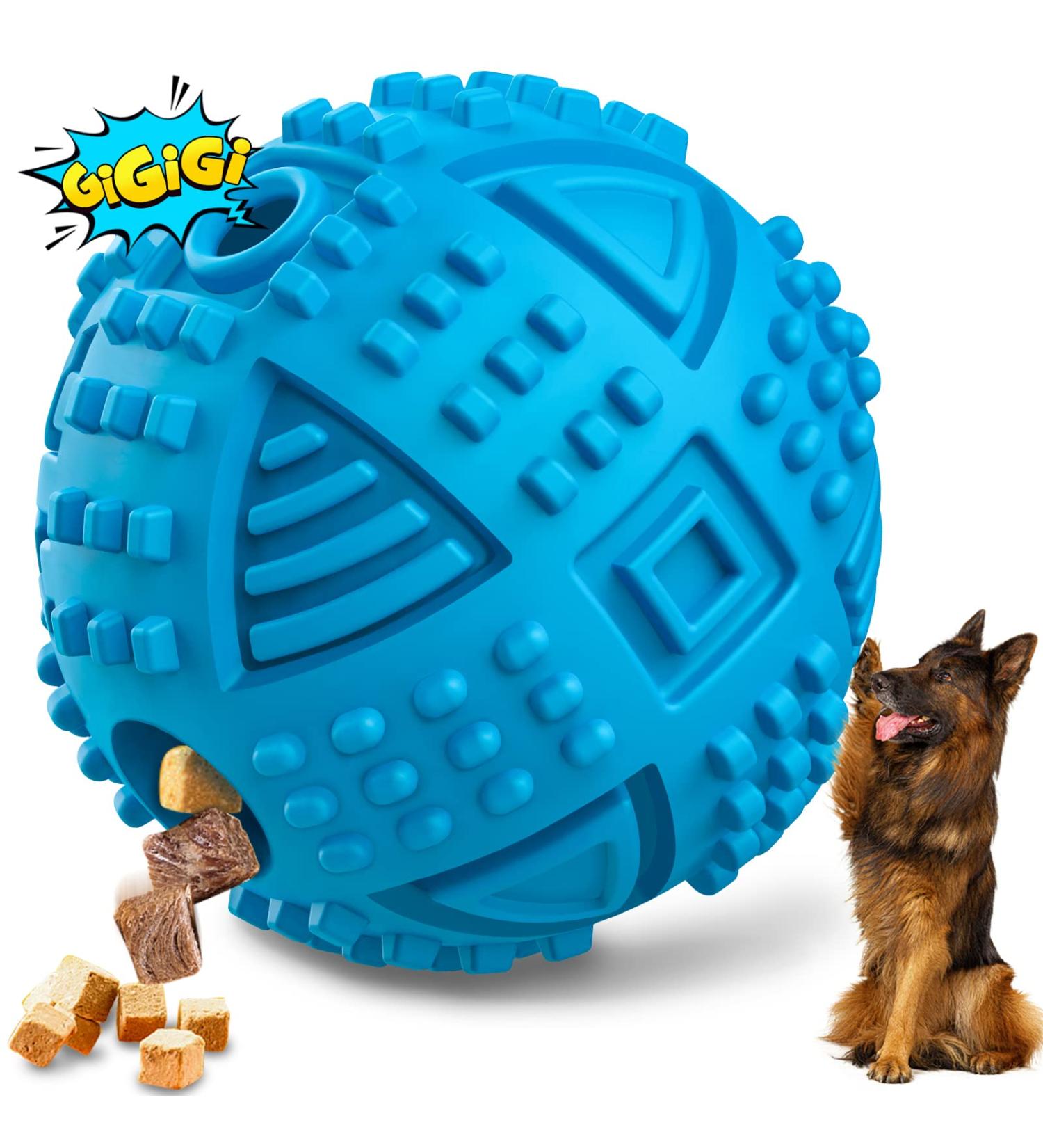 Large Breed Dog Treat Dispensing Toy | Nearly Indestructible Chew Toy for Aggressive Chewers | Squeaky Puzzle Ball for Large Dogs | Natural Rubber IQ Toy - Blue - Buy Online on SooperMarket.com
