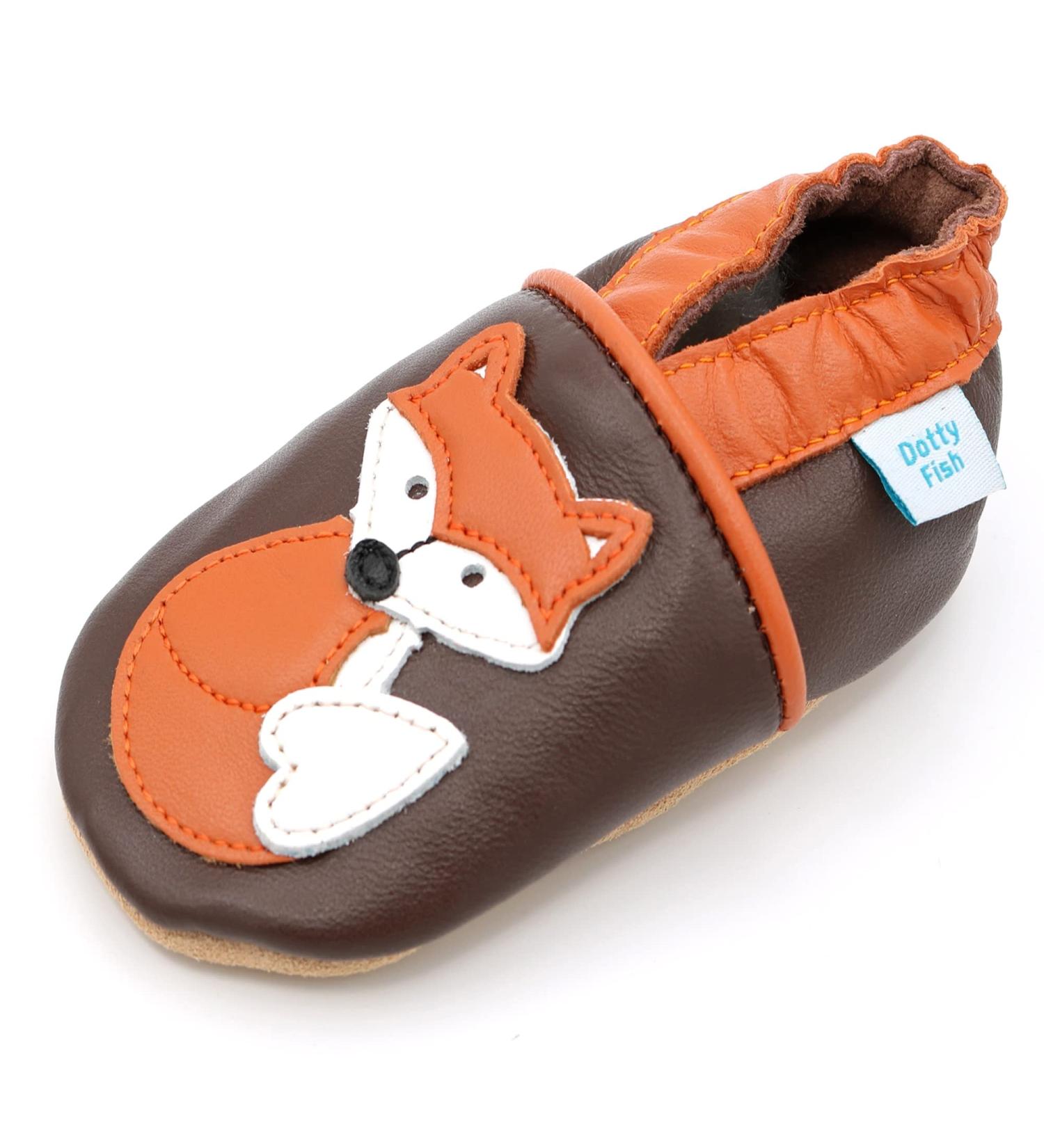 Dotty Fish Soft Leather Baby Shoes for Boys | Non Slip Toddler Shoes | Animal Designs | 0-6 Months 4-5 Years | Brown and Orange Fox - Buy Online on SooperMarket.com