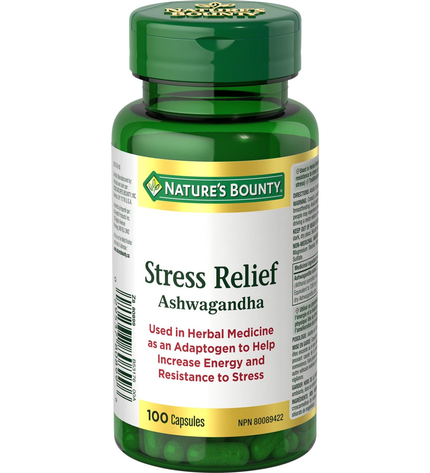 Nature's Bounty Stress Relief Ashwagandha 100 Capsules Help increase energy and resistance to stress - Buy Online on SooperMarket.com