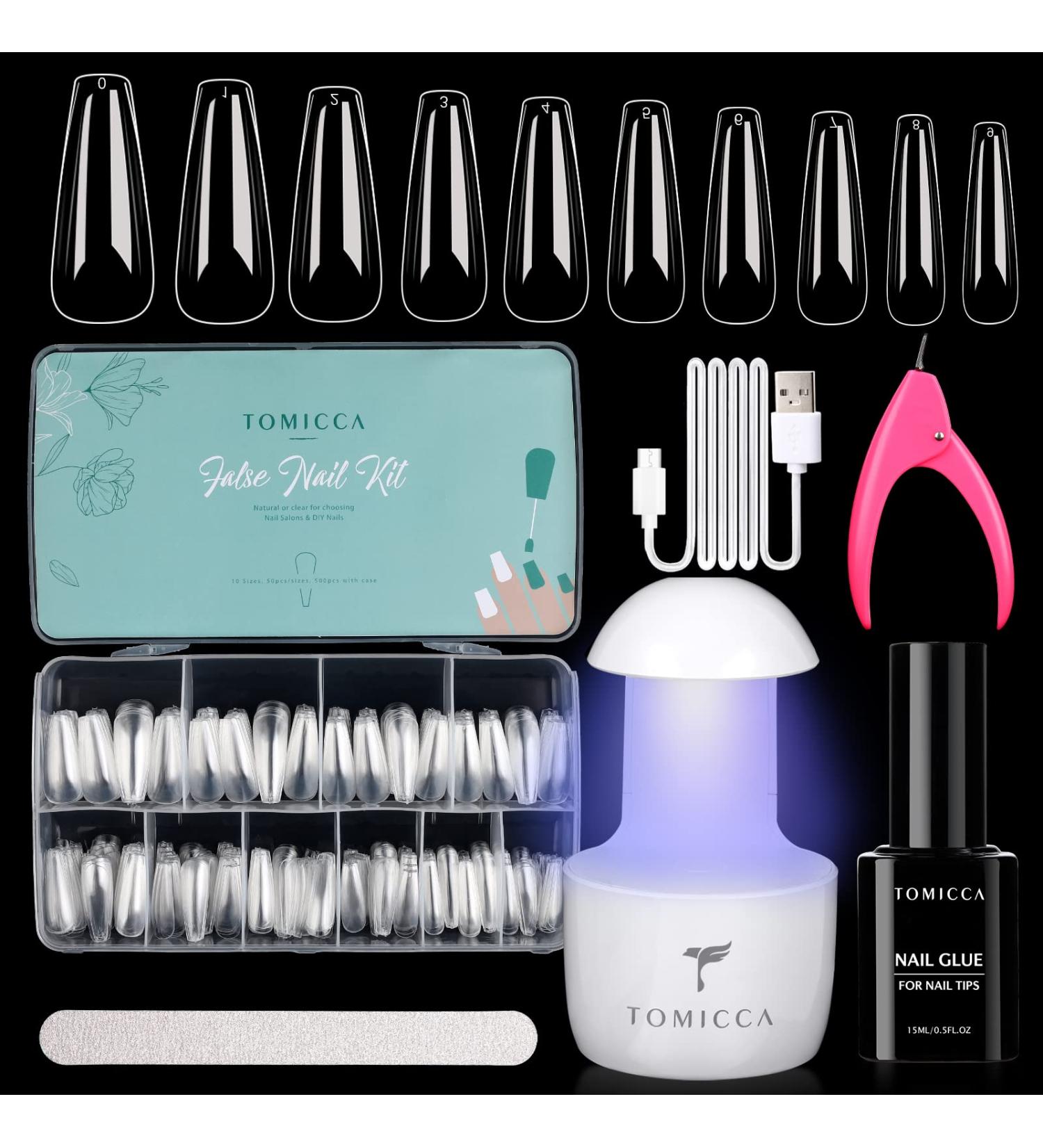 TOMICCA Nail Tips and Glue Gel Kit - 500PCS Coffin Soft Gel Tips + UV LED Lamp + 15ML 4 In 1 Nail Glue Gel - Professional Acrylic Nail Extension Kit for Easy DIY Nail Art - Buy Online on SooperMarket.com