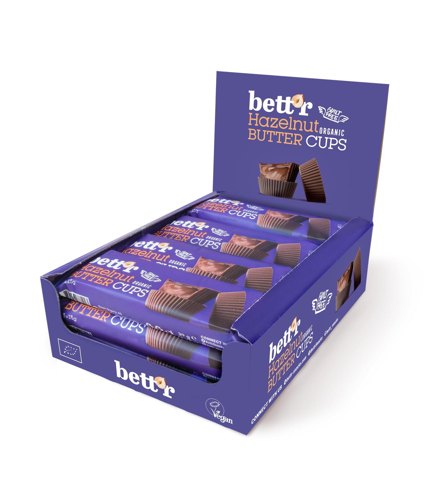 Bett r Bio Hazelnut Butter Cups. 100% Vegan Gluten Free and Lactose Free - 12 x 39 g Bett'r Bio Hazelnut Butter Cups - Buy Online on SooperMarket.com