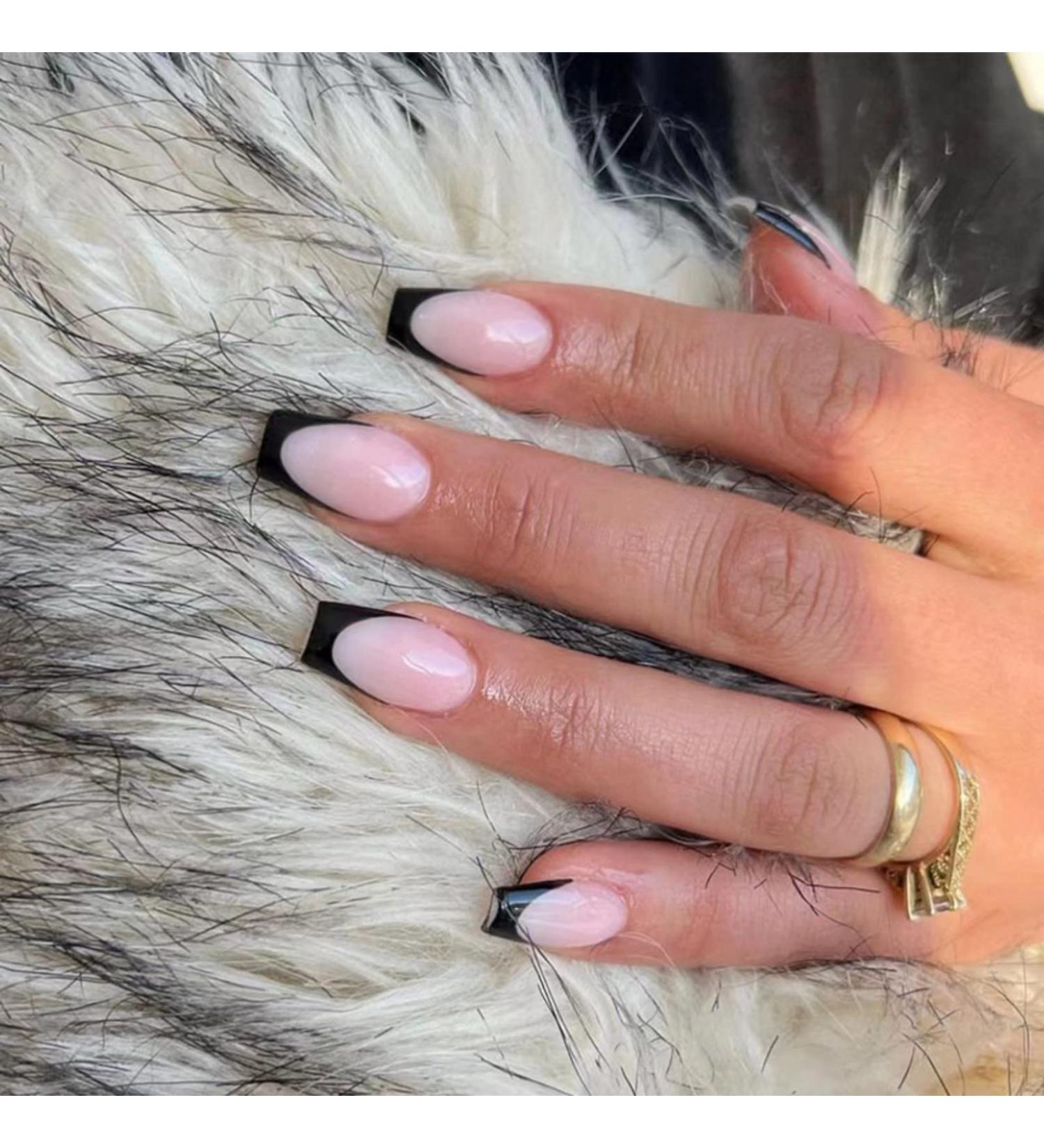 Justotry 24pcs Glossy Black French Press on Nails | Pink Ballerina Long Stick on Nails for Women | Acrylic Coffin False Nails with Glue - Nail Art - Buy Online on SooperMarket.com