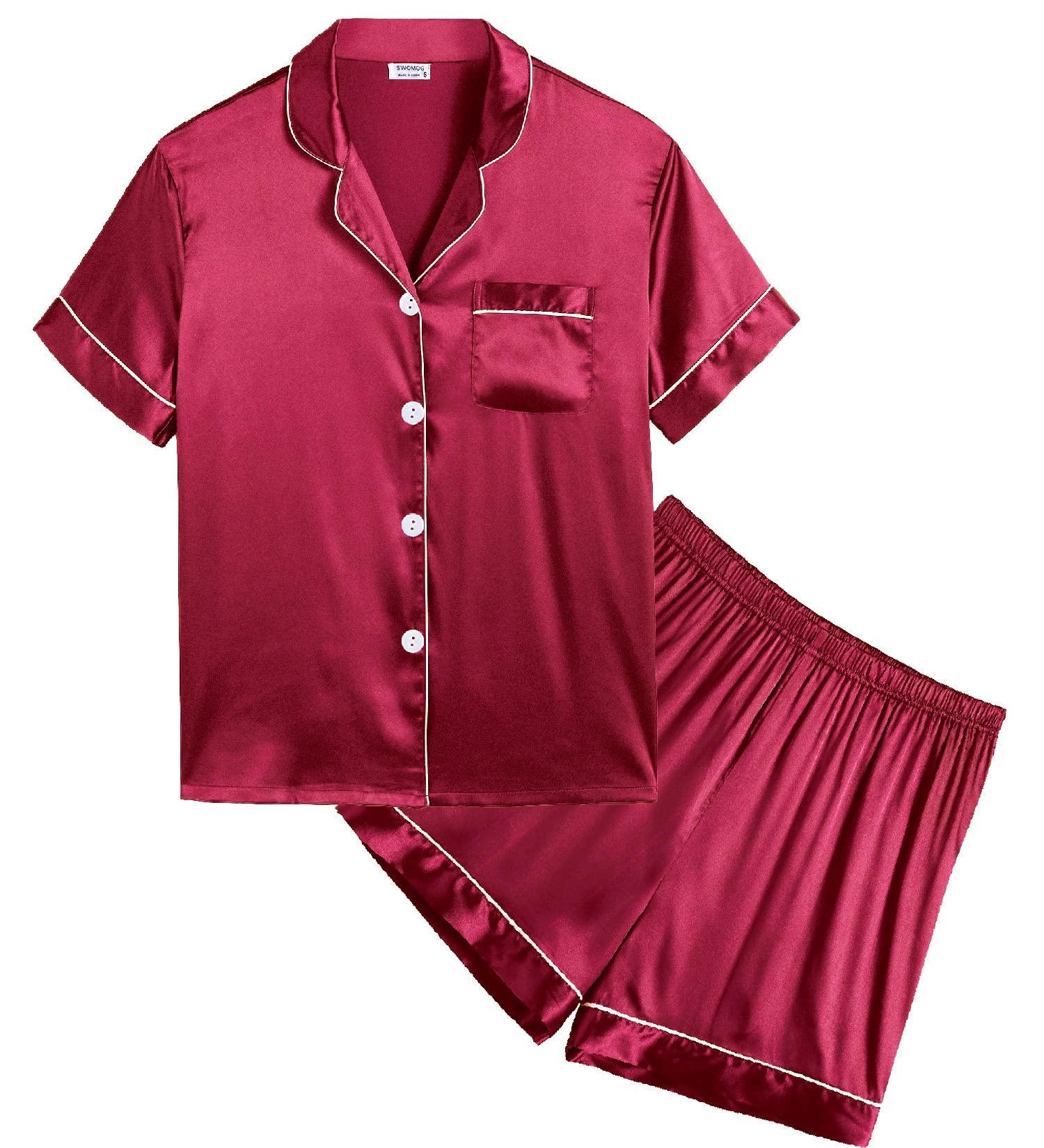 SWOMOG Kids Silk Pyjamas Set Short Sleeve Satin PJs | Red | Ages 4-16 - Buy Online on SooperMarket.com