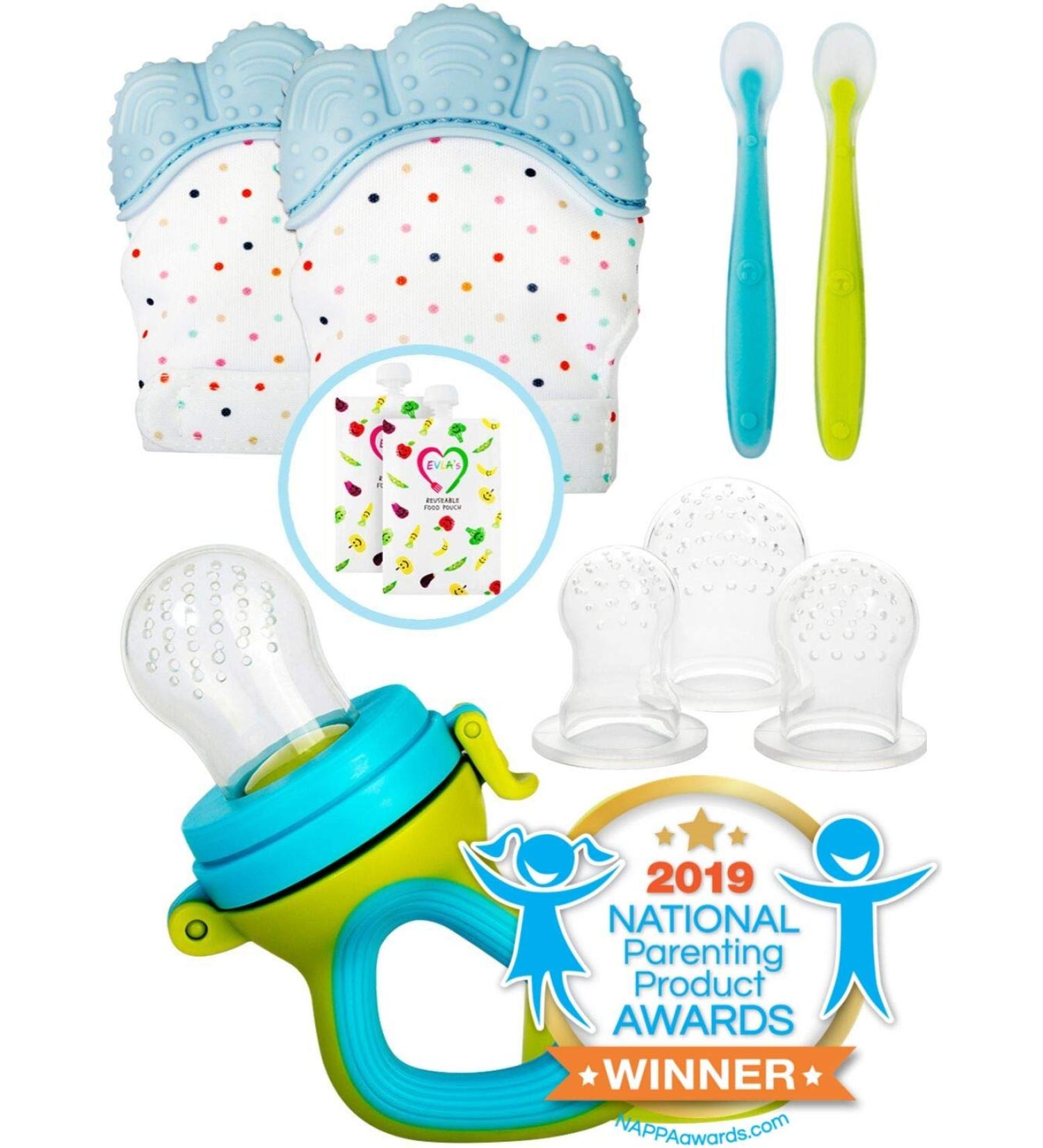 Teething Mittens with Baby Food Feeder Pacifier | Soothe Tender Gums | Fruit Teether Set for Safe Solid Food Introduction | Ideal for Teething & Baby's First Feeding - Buy Online on SooperMarket.com