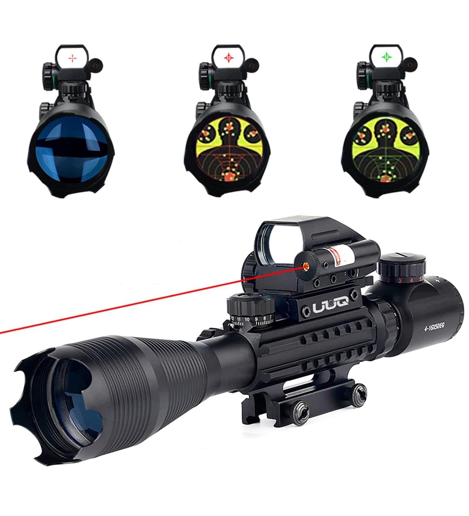 UUQ 4-16x50 Tactical Rifle Scope with Red/Green Illuminated Range Finder Reticle, Laser Sight, and Holographic Reflex Dot - Red Laser - Buy Online on SooperMarket.com