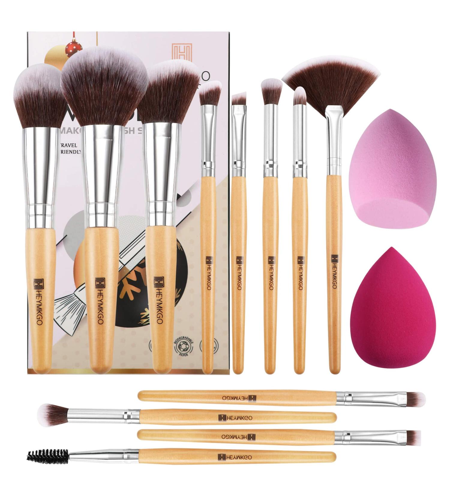 HEYMKGO 12pc Travel Size Makeup Brush Set with 2pc Sponges | Wooden Handle Brushes for Foundation, Blush, Eyeshadow & More - Buy Online on SooperMarket.com