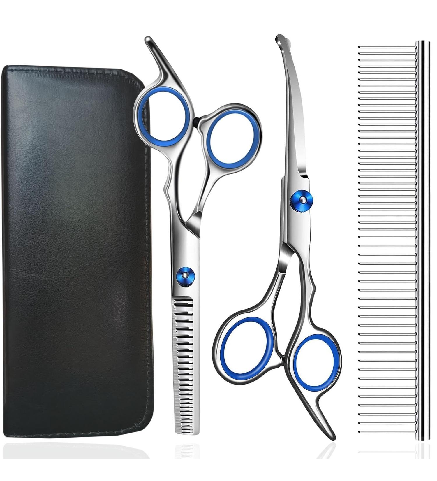 Jiasoval 4-in-1 Dog Grooming Kit with Safety Round Tip - Professional Scissors Set for Dogs & Cats - Includes Steel Comb and Leather Pouch - Buy Online on SooperMarket.com