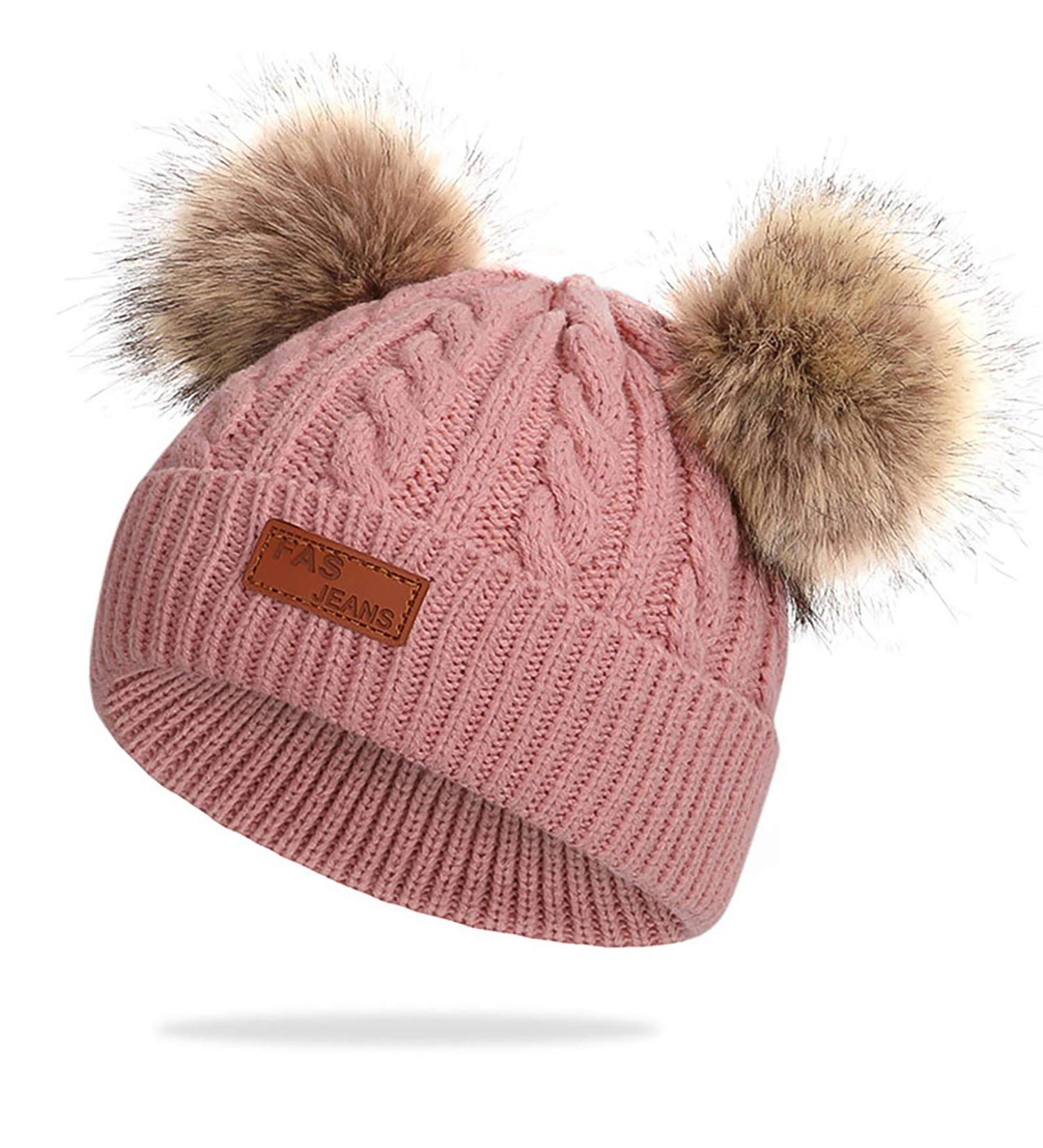 Dark Pink Baby Pom Pom Hat - Infant Toddler Winter Beanie Cap with Crochet Fur Hairball - Unisex One Size - Buy Online on SooperMarket.com