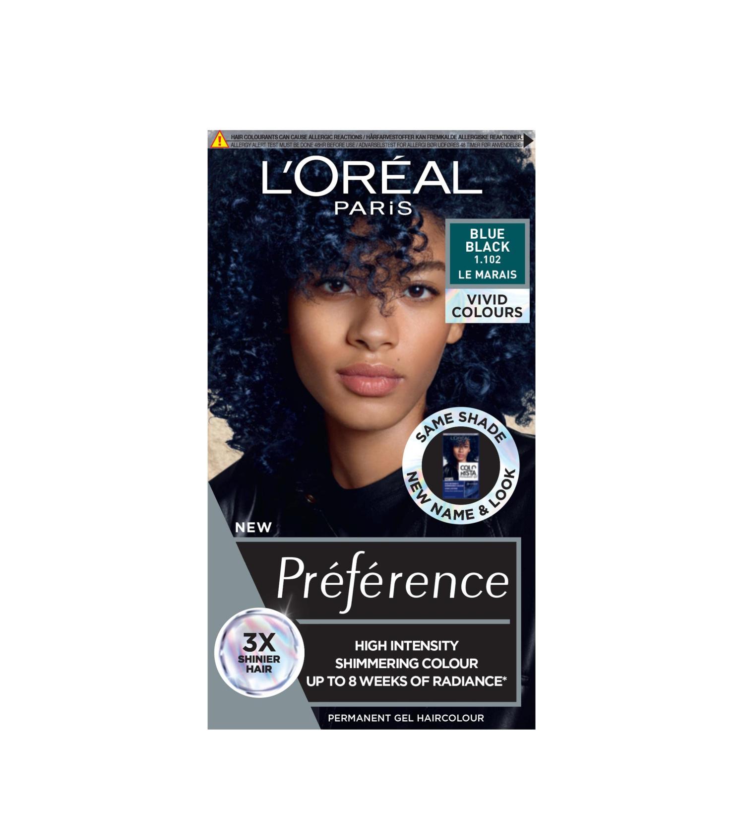 L'Or al Paris Permanent Hair Colour Long-Lasting Shine and Intense Colour For up to 8 Weeks Preference Vivids (Colorista) Blue Black 1.102 x1 pack 1.102 BLUE BLACK ENG - Buy Online on SooperMarket.com
