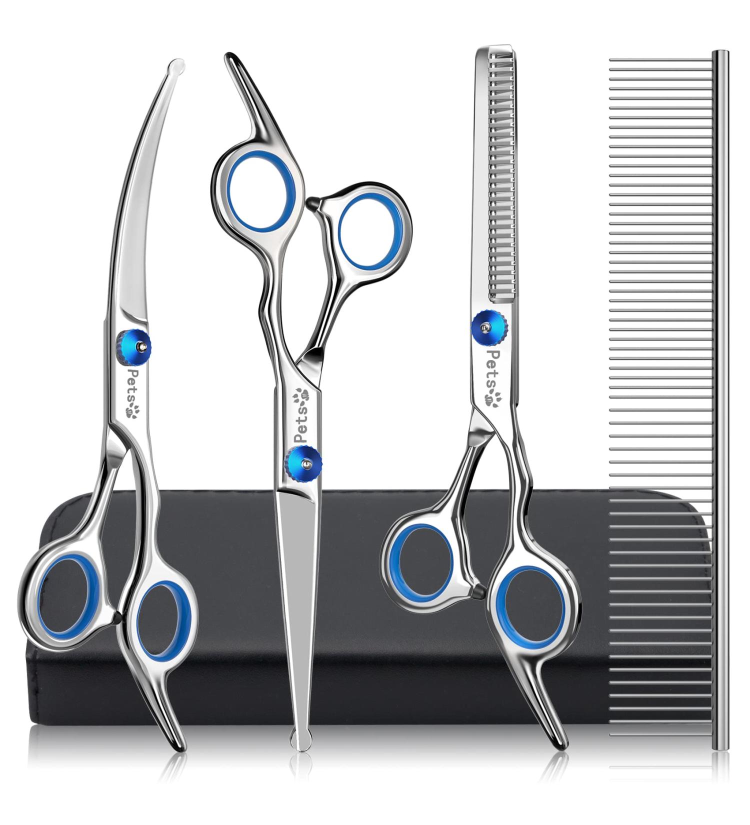 Professional 5 in 1 Dog Grooming Scissors Kit with Safety Round Tips - Stainless Steel Shears & Comb Set for Cats & Dogs | Blue - Buy Online on SooperMarket.com