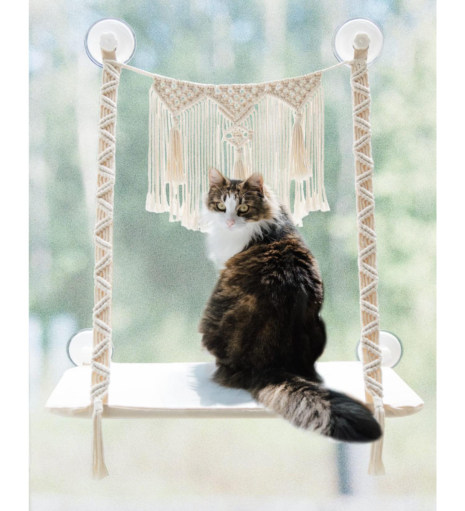 Dahey Cat Window Perch Macrame Hammock for Indoor Cats - Wall Mounted Boho Pet Resting Seat with Suction Cups - Holds up to 45 lbs - Space Saving Sunny Swing Shelf - Perfect Gift - Buy Online on SooperMarket.com