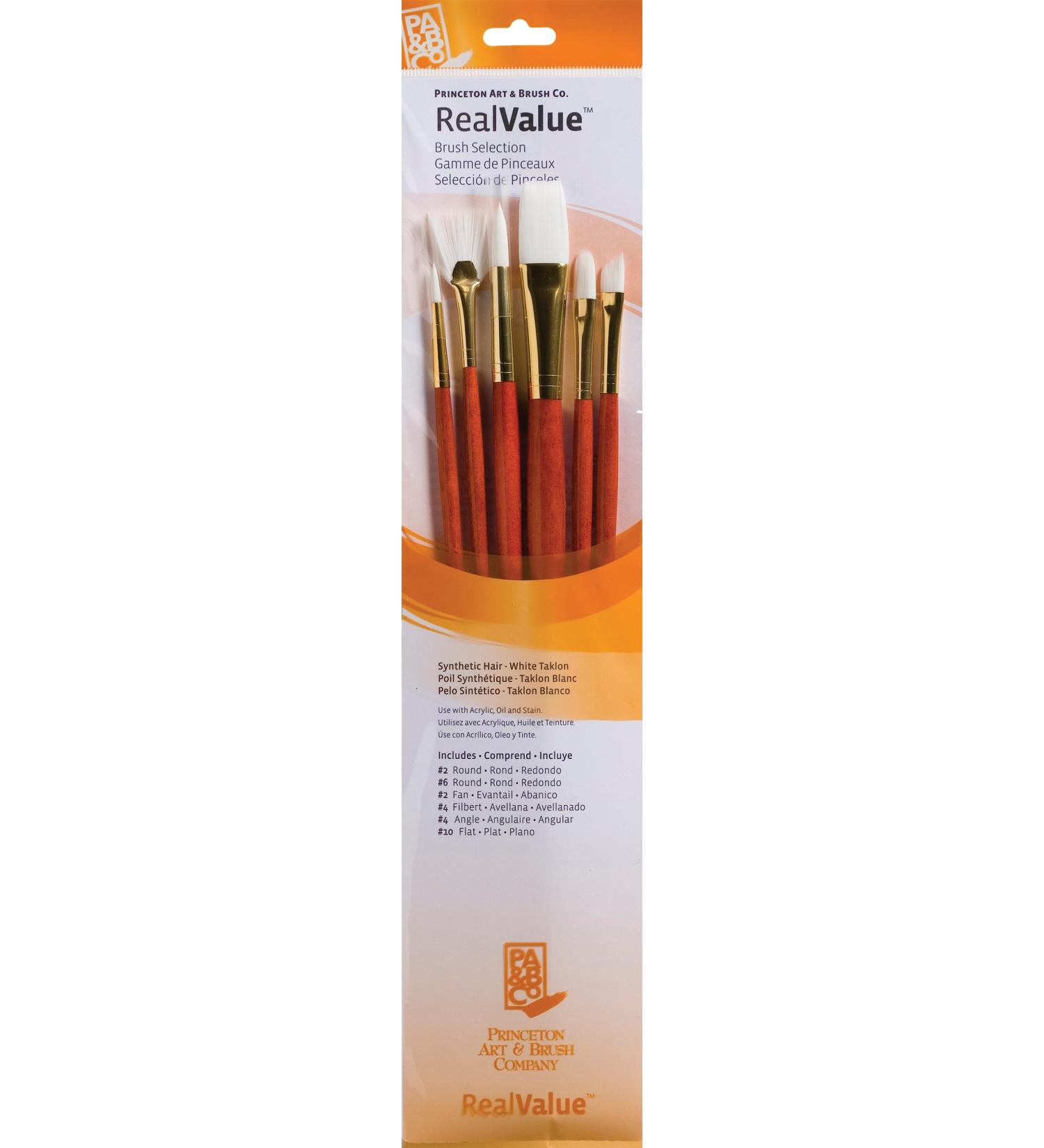 Princeton Real Value, Series 9100, Paint Brush Sets for Acrylic, Oil & Watercolor Painting, Syn-White Taklon (Rnd 2, 6, Fan 2, Flb 4, Angular 4, Flat 10)