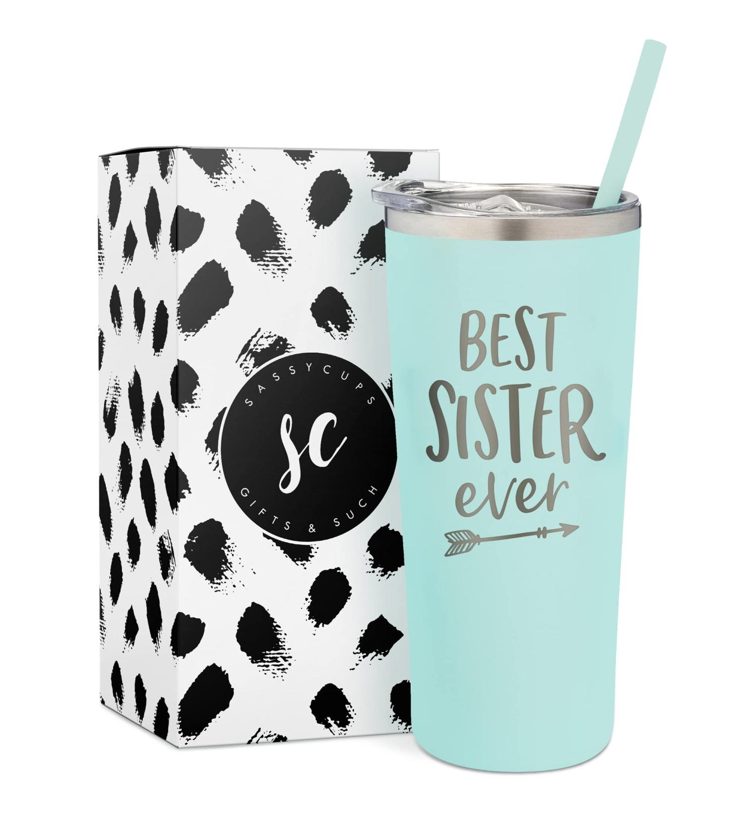 Best Sister Ever Insulated Stainless Steel Tumbler - Personalized Funny Mug for Coffee, Wine & Travel - Slide Close Lid & Straw - Mint/22 - Buy Online on SooperMarket.com
