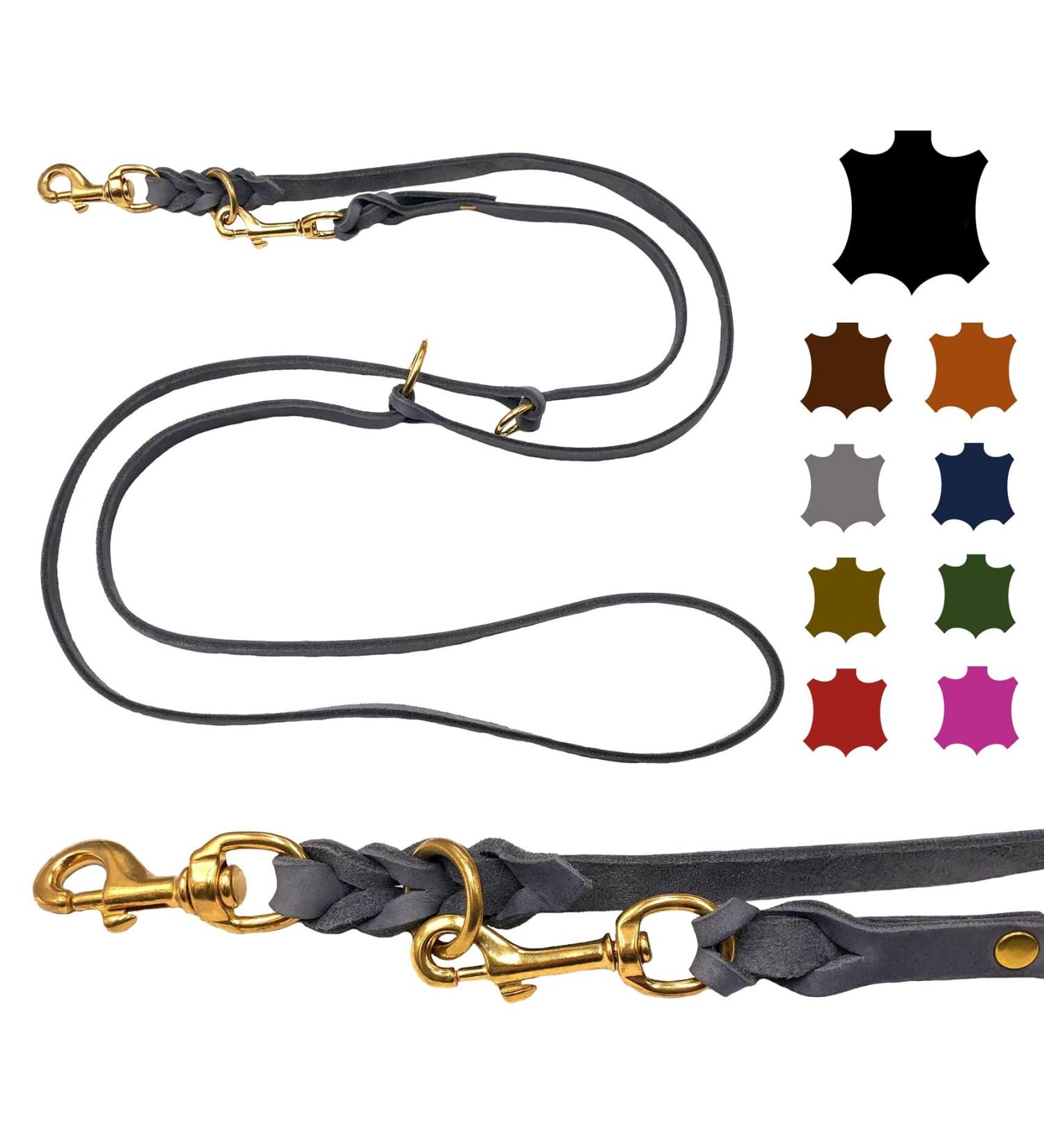 Dogeleine Fat Leather & Brass Dog Leash - Adjustable 2.80m x 8mm Gray for Small & Large Dogs - International Shipping Available - Buy Online on SooperMarket.com