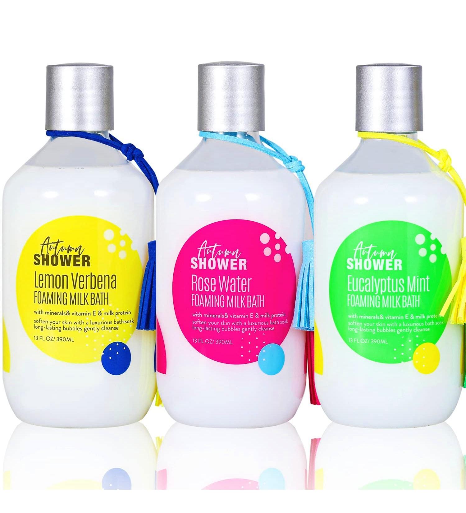 Autumn Shower Foaming Milk Bath Set with Epsom Salt & Essential Oils - 3 Pack, 39 fl oz - Rose Water, Lemon Verbena, Eucalyptus Mint - Bubble Bath for Men and Women - Buy Online on SooperMarket.com