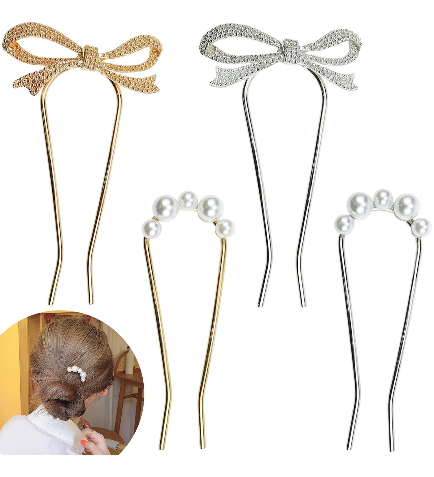4 PACK Pearl Rhinestone U Shape Hair Fork Sticks - Wedding Hair Pins for Women and Girls - Buy Online on SooperMarket.com