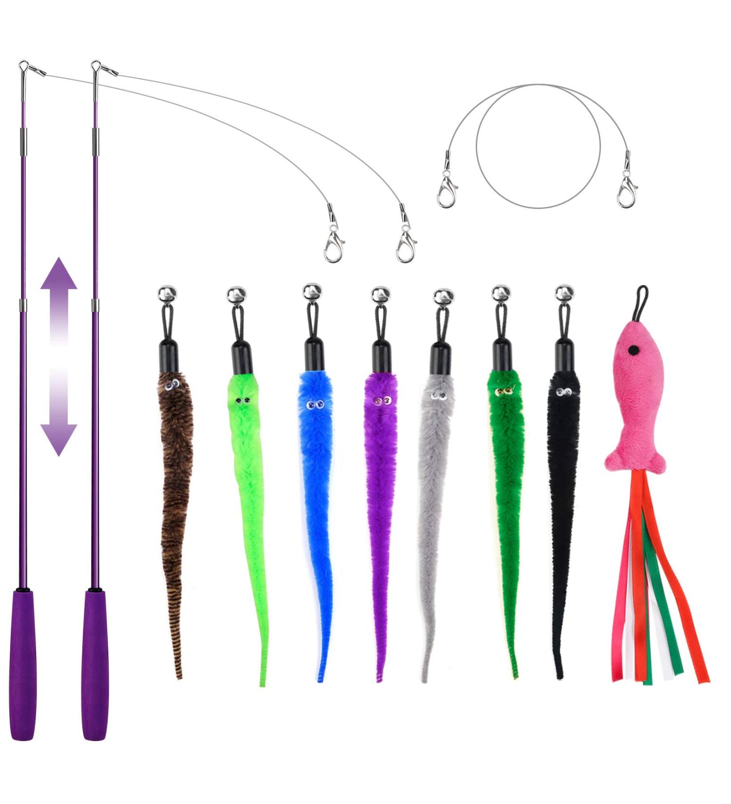 Retractable Cat Toy Wand Bundle - 11 Interactive Feather Toys and Bell Teaser Refills - 7 Worms, 1 Fish - Includes Replacement Line - Fun Exercise Toy for Cats - Buy Online on SooperMarket.com