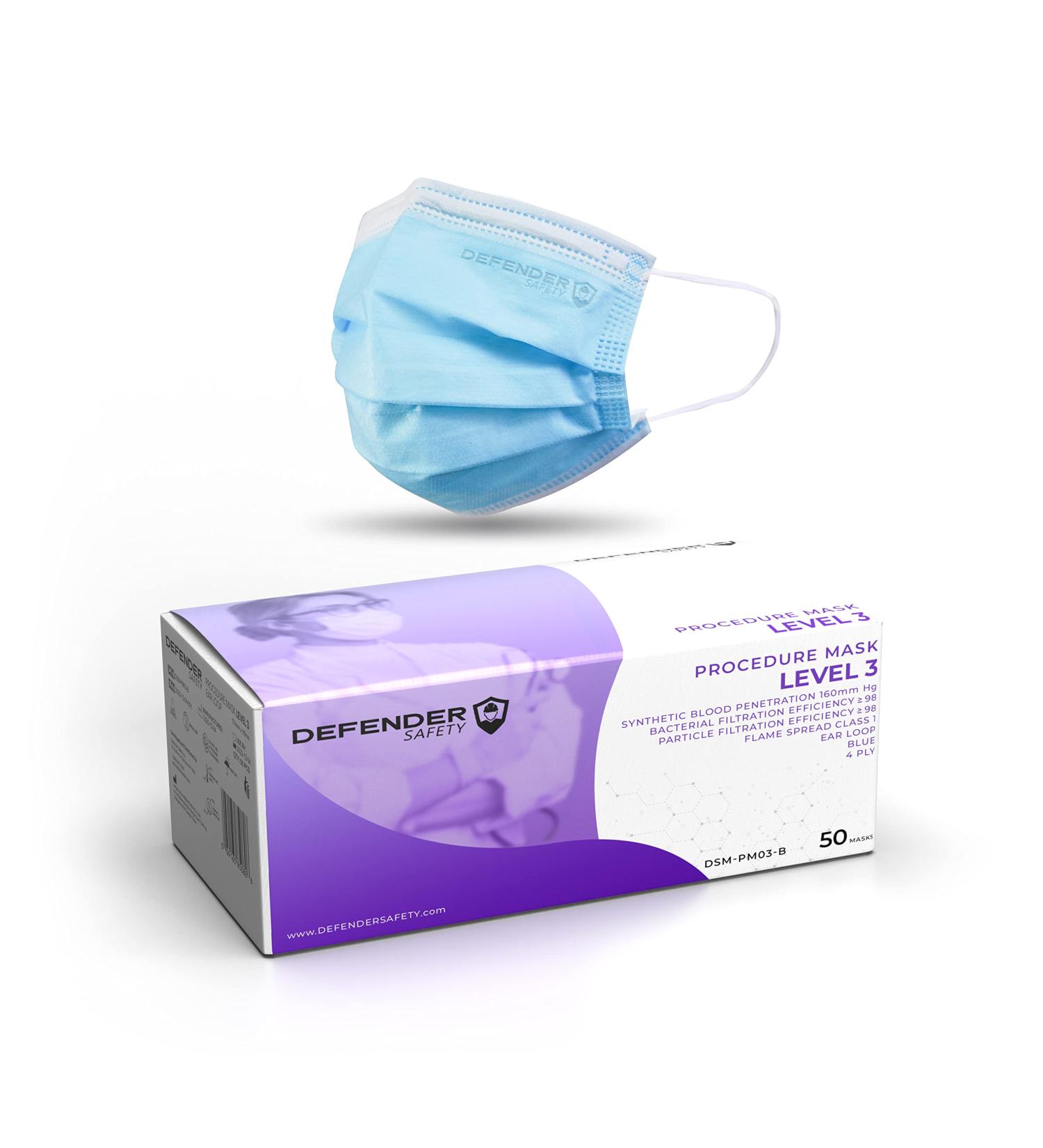 Defender Safety ASTM Level 3 Medical Grade Face Mask (50 Pack) - 4 Layer, 99% PFE Procedure Mask - Buy Online on SooperMarket.com