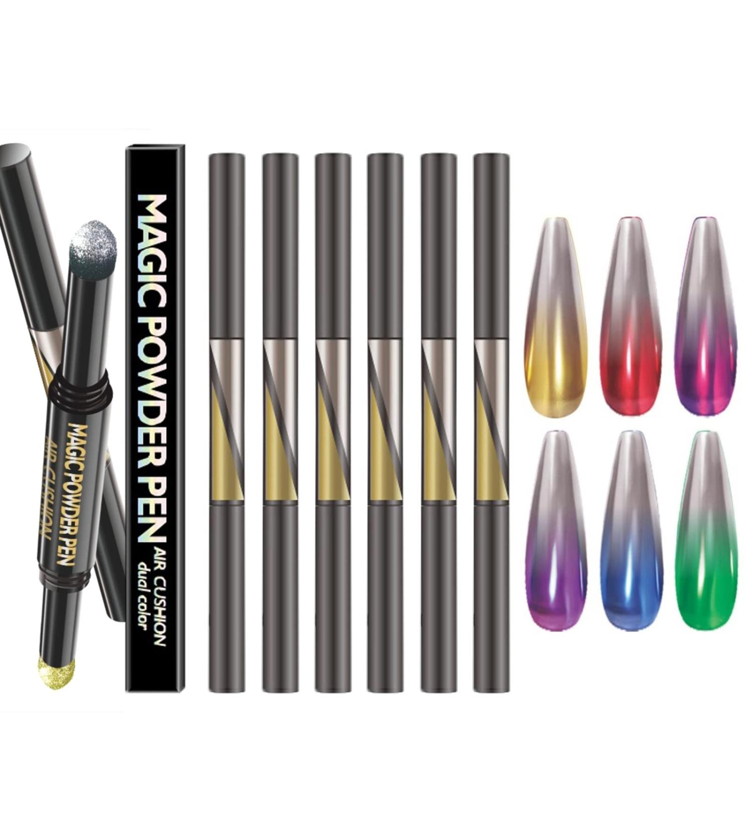 6pcs Double Head Air Cushion Pen & 12 Colors Chrome Nail Powder Kit - Holographic Mirror Effect Nail Polish | Acrylic Nail Powder - Buy Online on SooperMarket.com