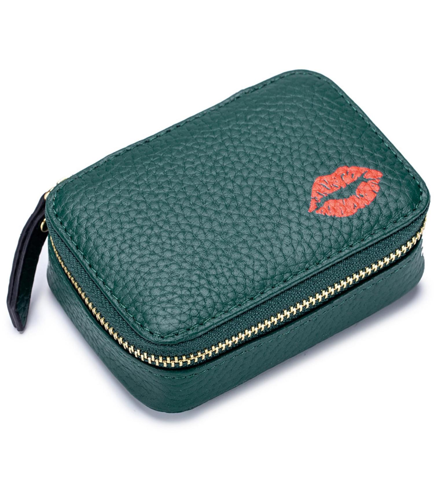 Small Makeup Bag with Mirror - Portable Lipstick Holder for Women | Red Lipstick Pattern & Dark Green Color - Holds 3 Lipsticks | Ideal Zippered Toiletry Bag for Travel - Buy Online on SooperMarket.com