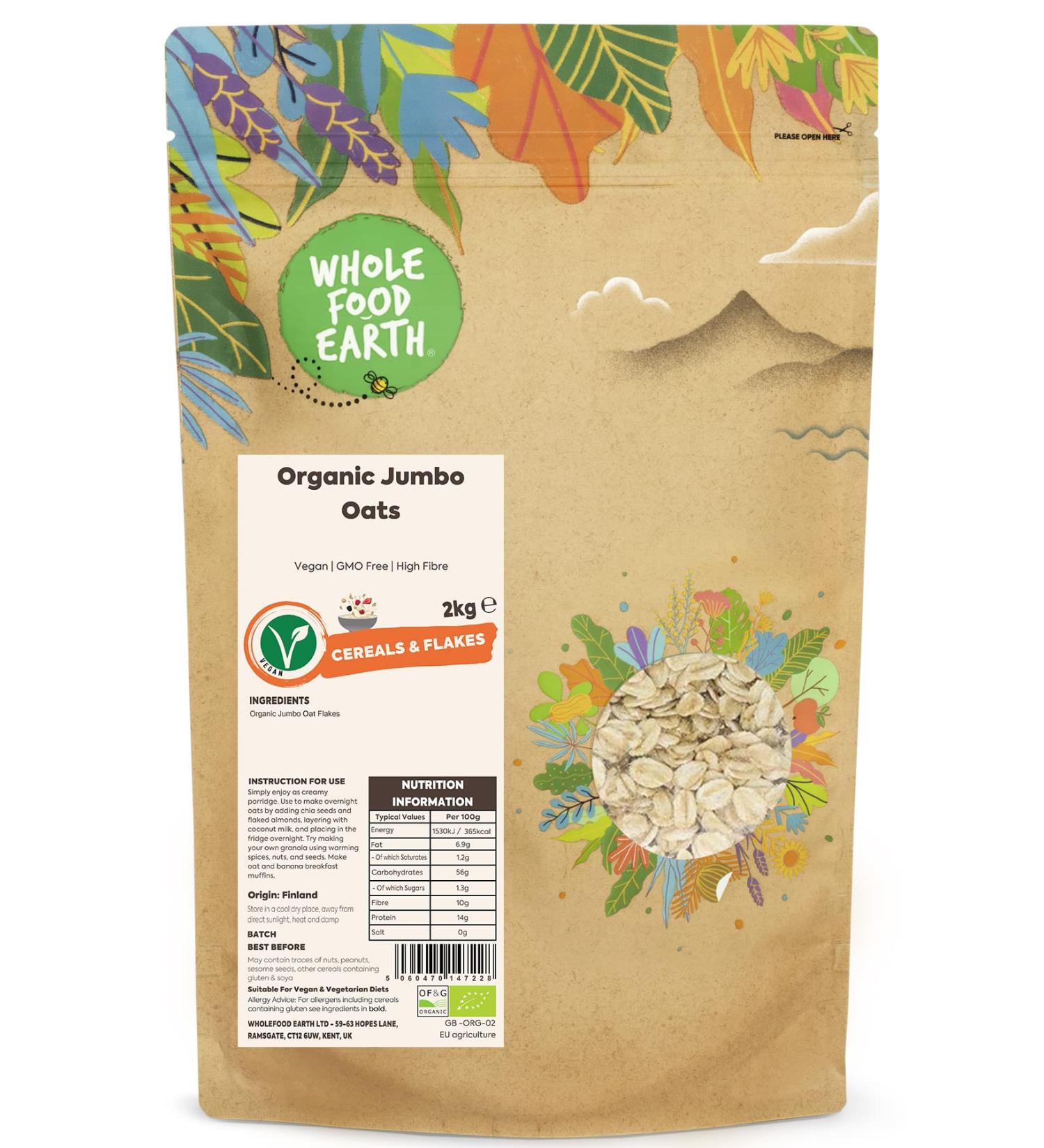 Wholefood Earth Organic Jumbo Oats 2kg - Vegan, GMO Free, High Fibre | Certified Organic - Buy Online on SooperMarket.com